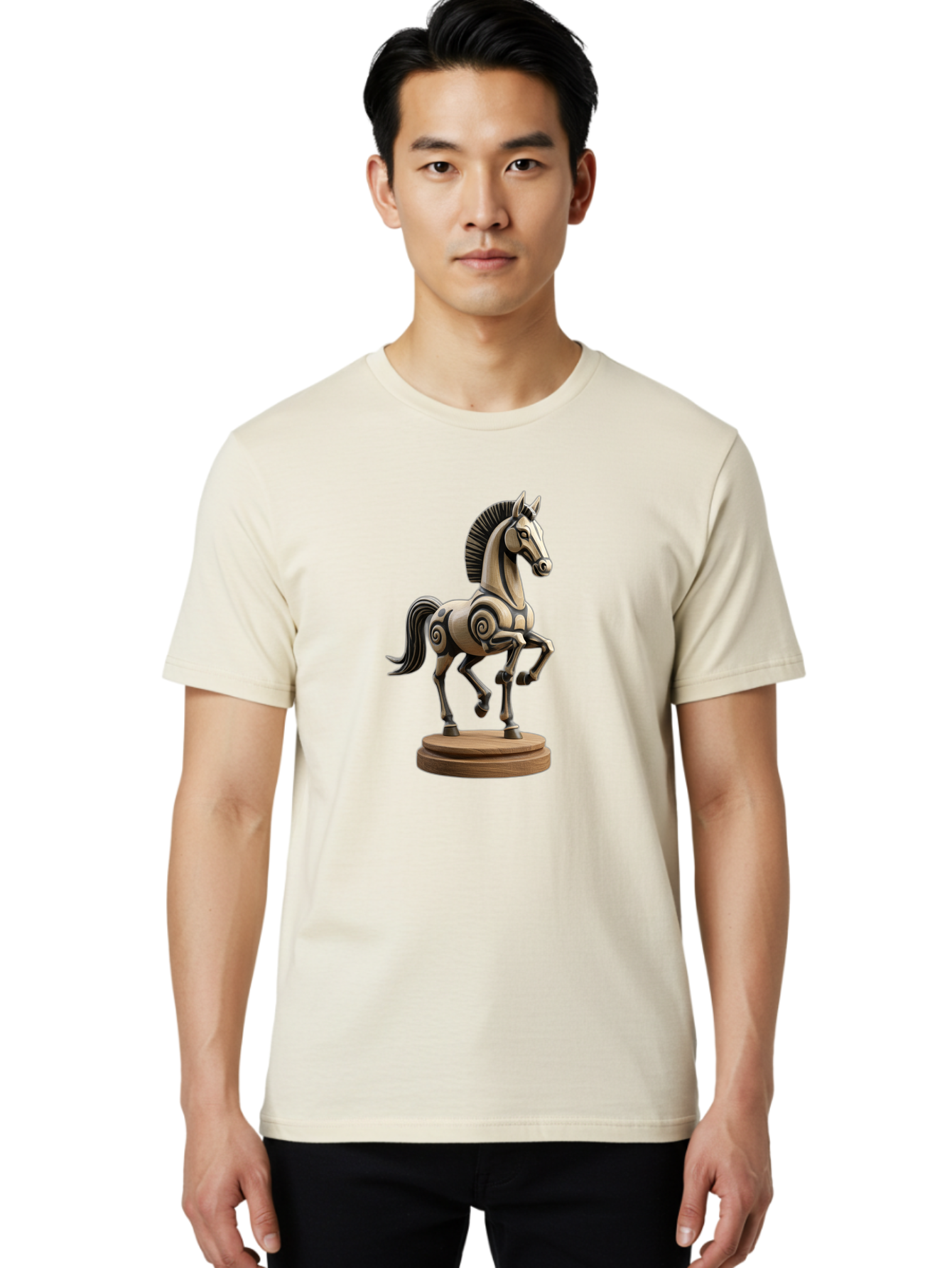 Wooden-Horse-Statue Men'S Graphic Tee, 100% Cotton, Comfortable Casual Summer Wear, Machine Washable, Mechanical Horse, Wooden Horse, Figurine, Horse Sculpture, Decorative Art, Spiral Patterns, Wooden Craftsmanship, Horse Figurine, Bab595 16