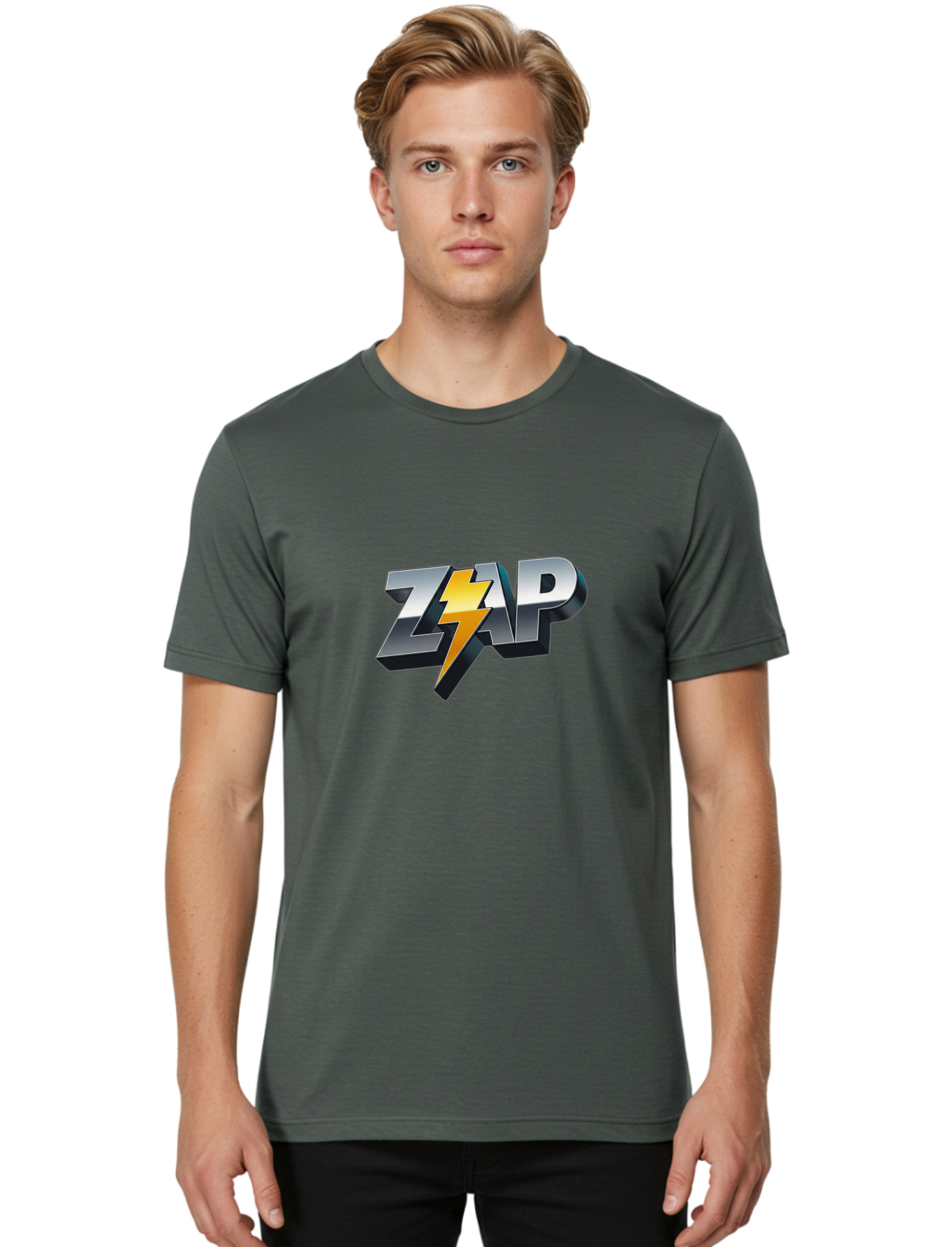 Zap Men'S Graphic Tee, 100% Cotton, Comfortable Casual Summer Wear, Machine Washable, Electrifying Logo, Bold Typography, Dynamic Design, Lightning Bolt, Modern Graphics, Energetic Vibe, Trendy Aesthetics, Silver And Gold Colors, 3D Effect, Bab600 17