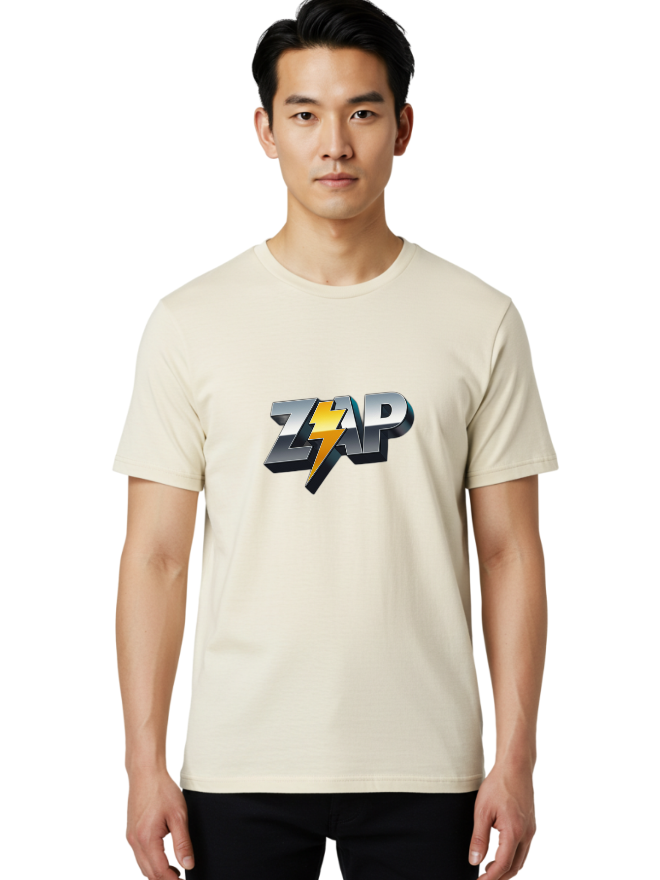 Zap Men'S Graphic Tee, 100% Cotton, Comfortable Casual Summer Wear, Machine Washable, Electrifying Logo, Bold Typography, Dynamic Design, Lightning Bolt, Modern Graphics, Energetic Vibe, Trendy Aesthetics, Silver And Gold Colors, 3D Effect, Bab600 19