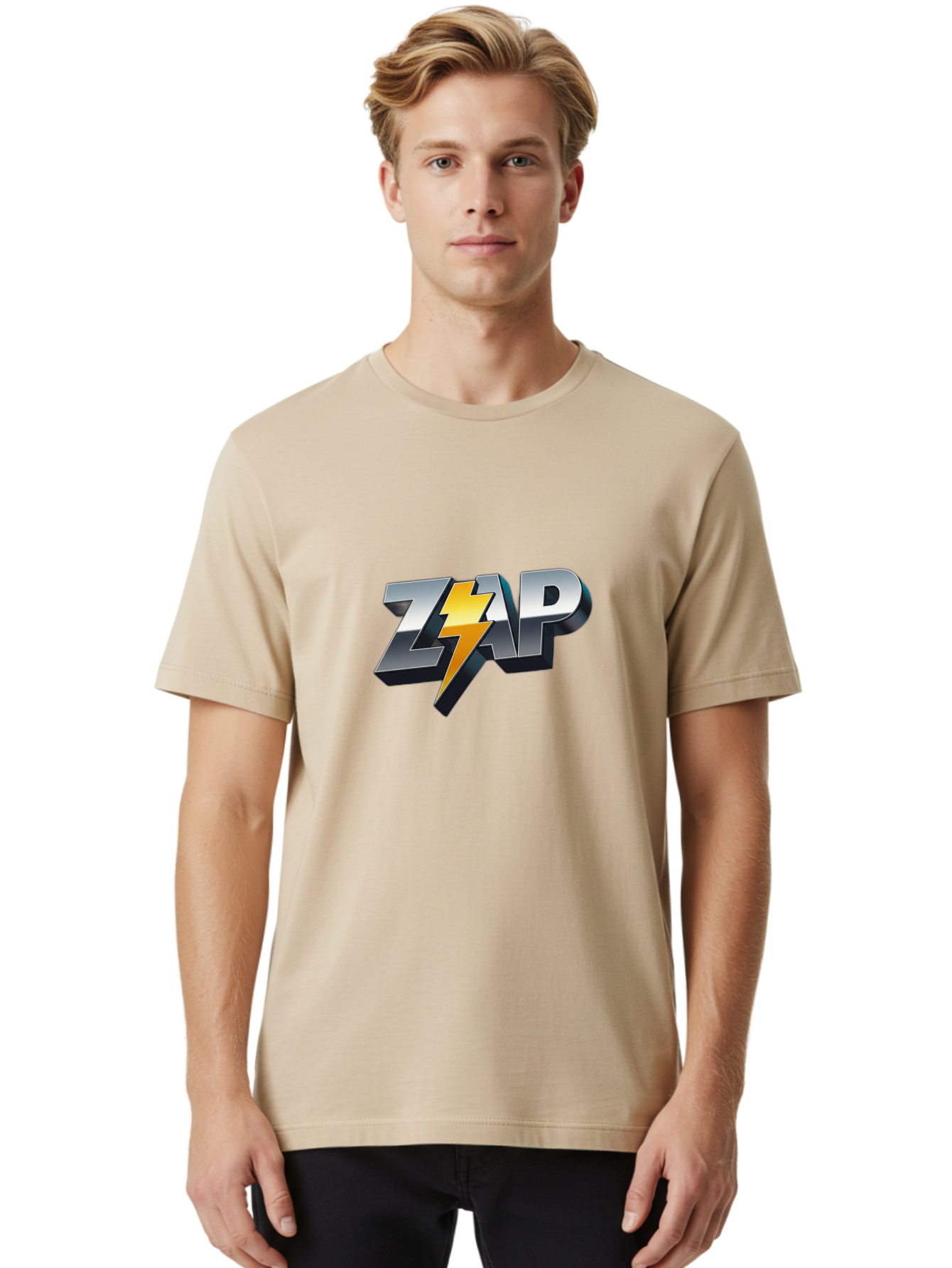 Zap Men'S Graphic Tee, 100% Cotton, Comfortable Casual Summer Wear, Machine Washable, Electrifying Logo, Bold Typography, Dynamic Design, Lightning Bolt, Modern Graphics, Energetic Vibe, Trendy Aesthetics, Silver And Gold Colors, 3D Effect, Bab600 18