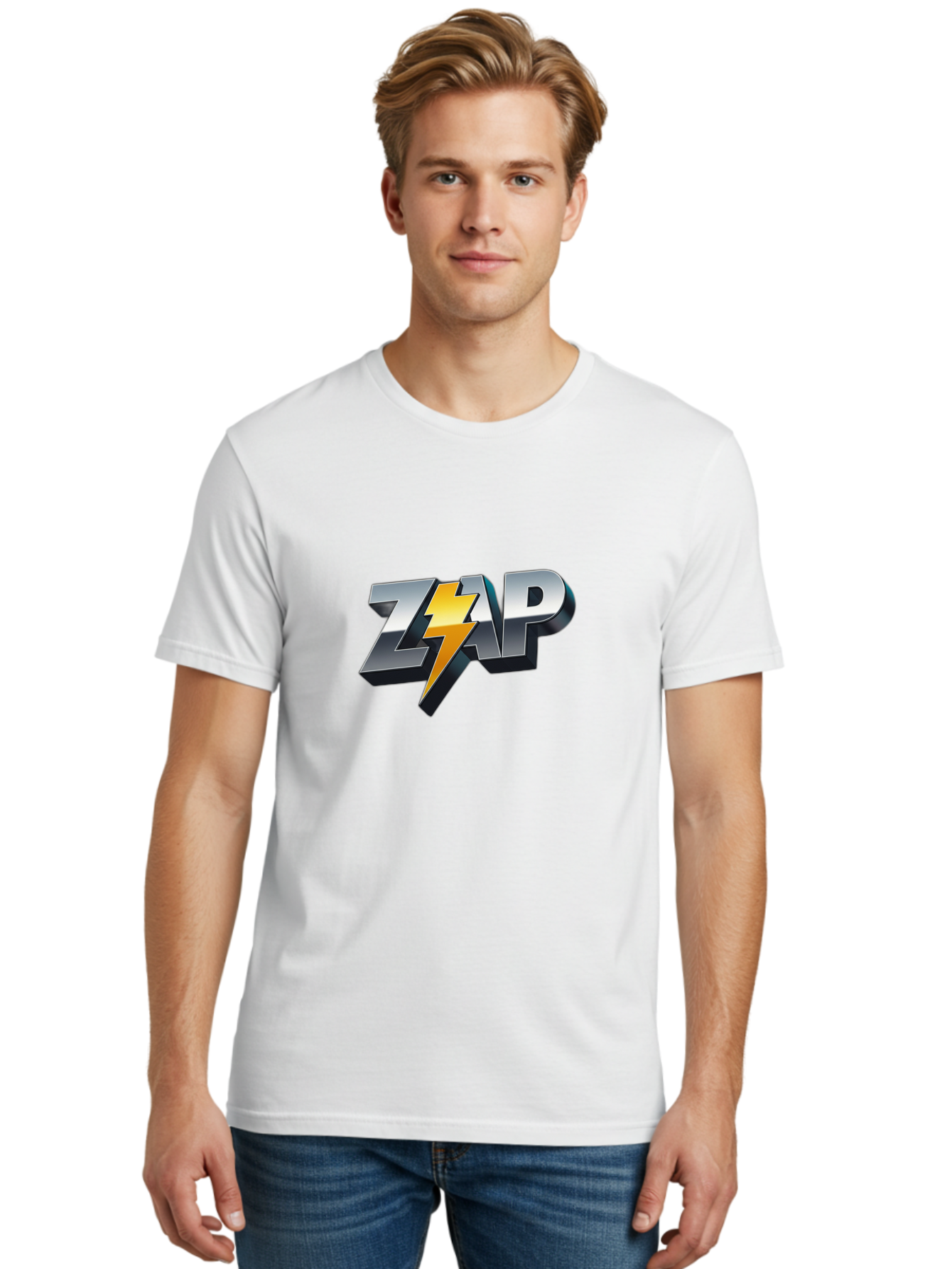 Zap Men'S Graphic Tee, 100% Cotton, Comfortable Casual Summer Wear, Machine Washable, Electrifying Logo, Bold Typography, Dynamic Design, Lightning Bolt, Modern Graphics, Energetic Vibe, Trendy Aesthetics, Silver And Gold Colors, 3D Effect, Bab600 22