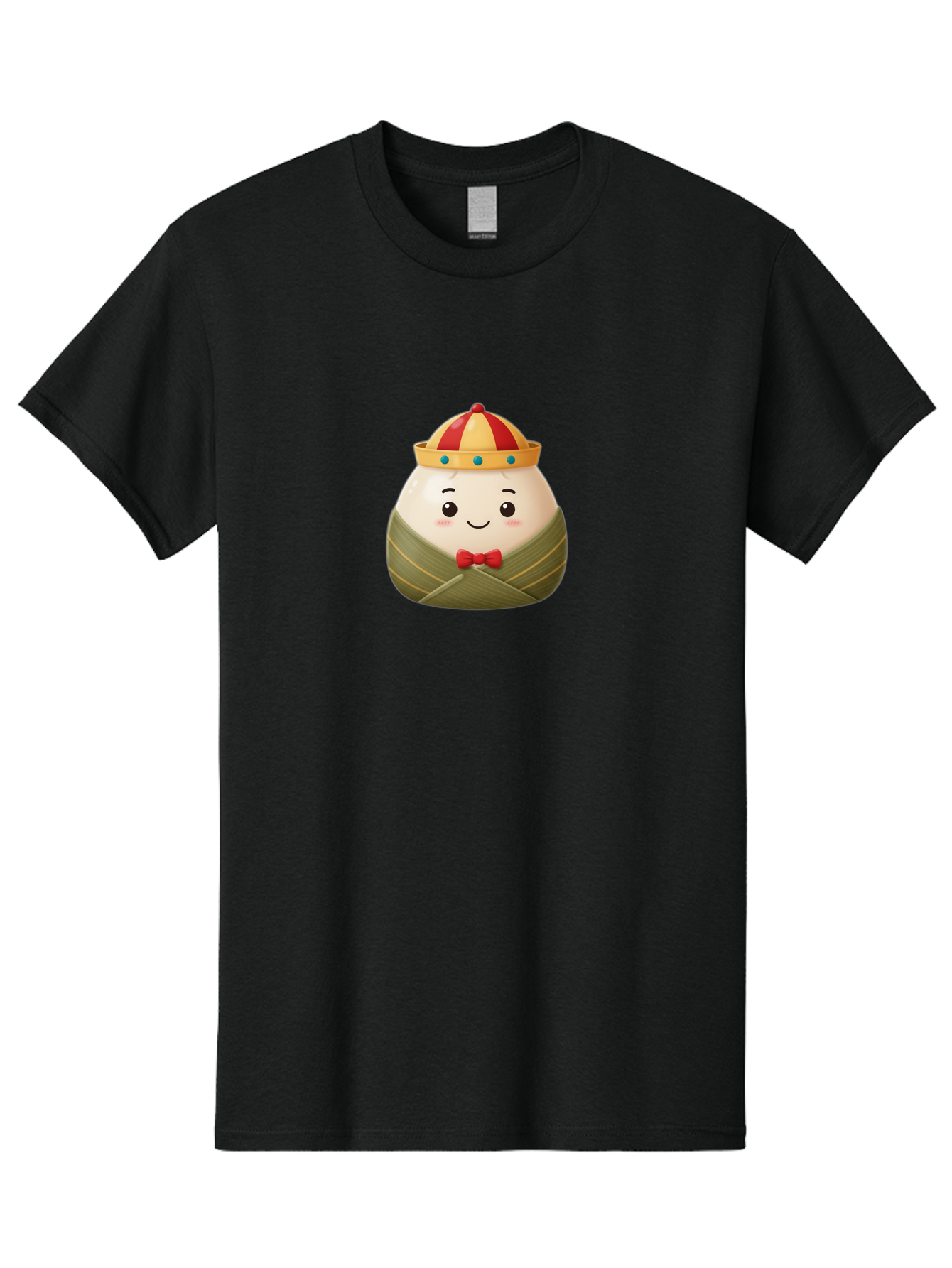 Zongzi-2 Men'S Graphic Tee, 100% Cotton, Comfortable Casual Summer Wear, Machine Washable, Bakra Wong, Cartoon Character, Dumpling, Steamed Bun, Red Bow Tie, Yellow Crown, Red And Yellow Hat, Blue Gems, Kawaii, Cute, Smiling Face, Bab603 2