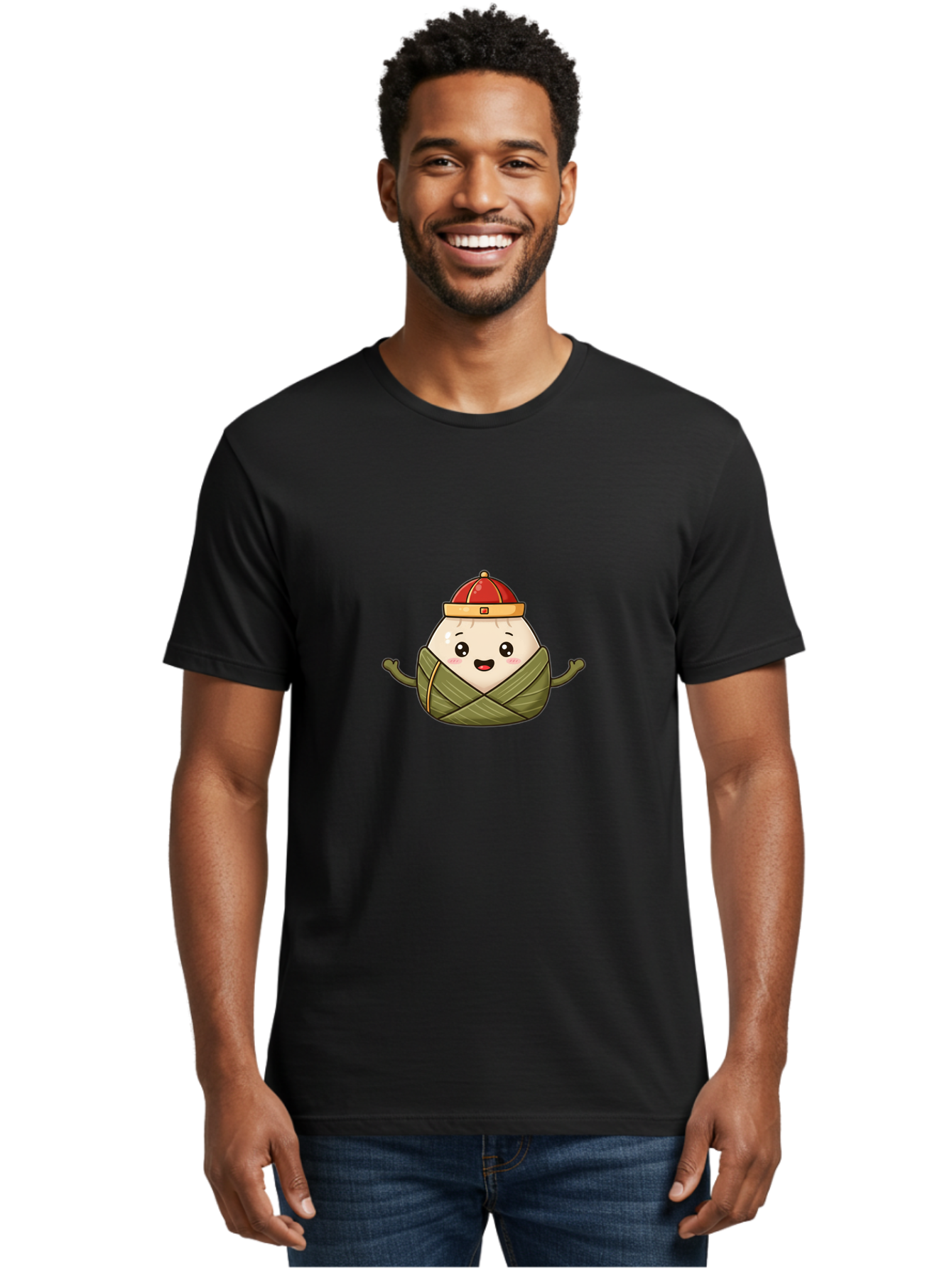 Zongzi-Cartoon-Character Men'S Graphic Tee, 100% Cotton, Comfortable Casual Summer Wear, Machine Washable, Cartoon Zongzi, Chinese Rice Dumpling, Traditional Food, Dragon Boat Festival, Happy Face, Red Hat, Green Wrapping, Cute Character, Bab606 17