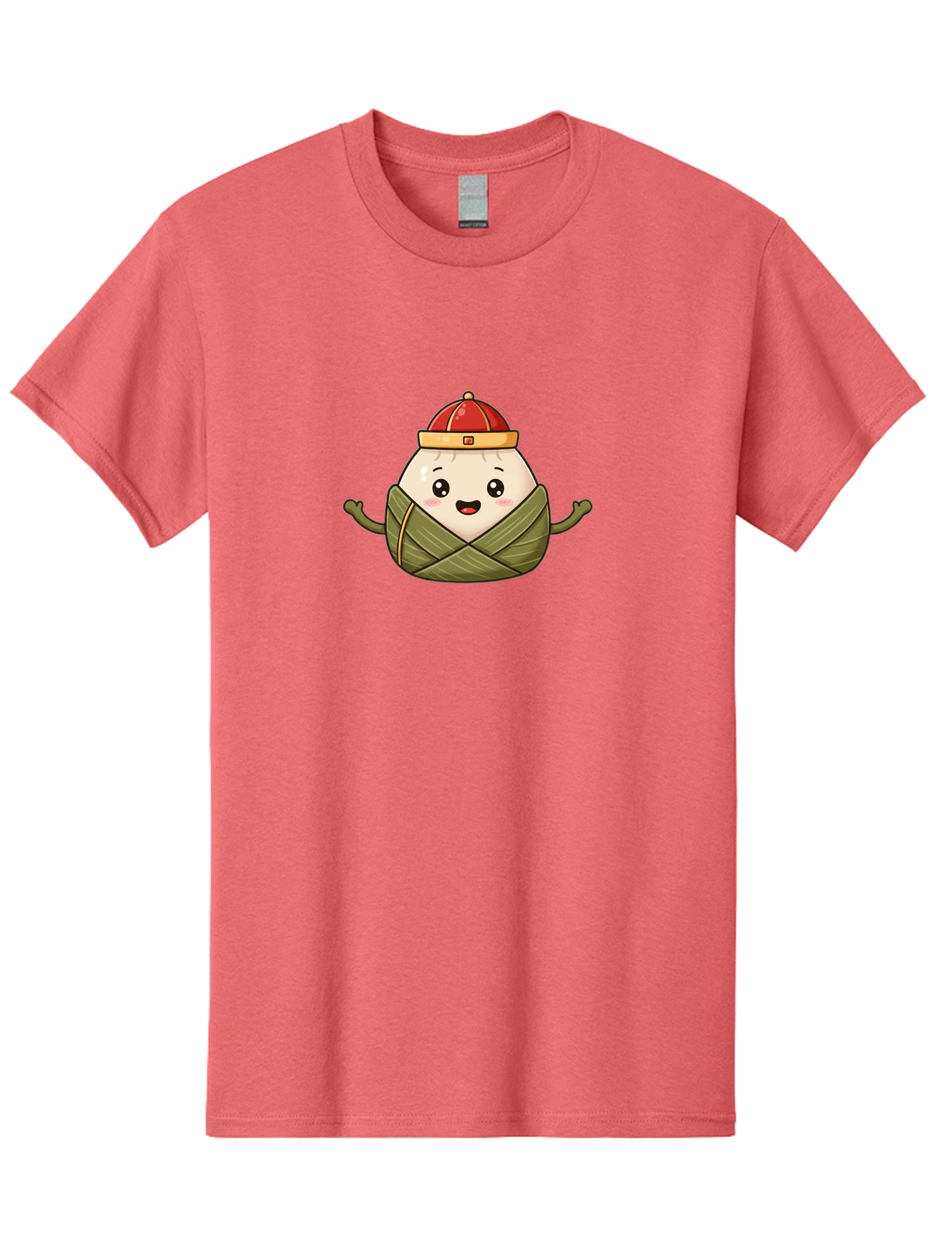 Zongzi-Cartoon-Character Men'S Graphic Tee, 100% Cotton, Comfortable Casual Summer Wear, Machine Washable, Cartoon Zongzi, Chinese Rice Dumpling, Traditional Food, Dragon Boat Festival, Happy Face, Red Hat, Green Wrapping, Cute Character, Bab606 6