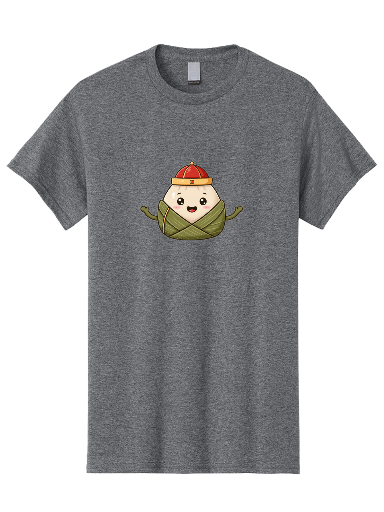 Zongzi-Cartoon-Character Men'S Graphic Tee, 100% Cotton, Comfortable Casual Summer Wear, Machine Washable, Cartoon Zongzi, Chinese Rice Dumpling, Traditional Food, Dragon Boat Festival, Happy Face, Red Hat, Green Wrapping, Cute Character, Bab606 15