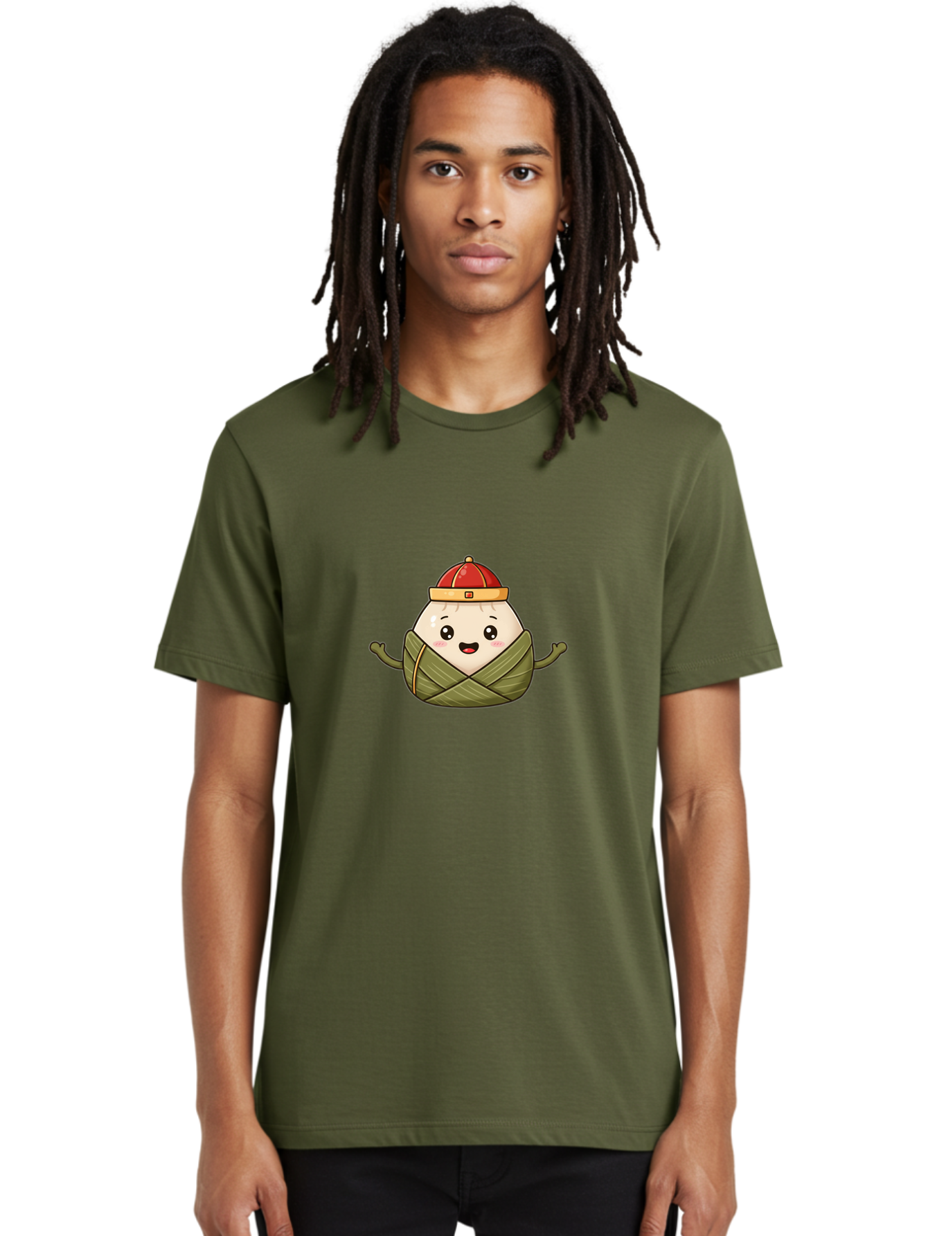 Zongzi-Cartoon-Character Men'S Graphic Tee, 100% Cotton, Comfortable Casual Summer Wear, Machine Washable, Cartoon Zongzi, Chinese Rice Dumpling, Traditional Food, Dragon Boat Festival, Happy Face, Red Hat, Green Wrapping, Cute Character, Bab606 22