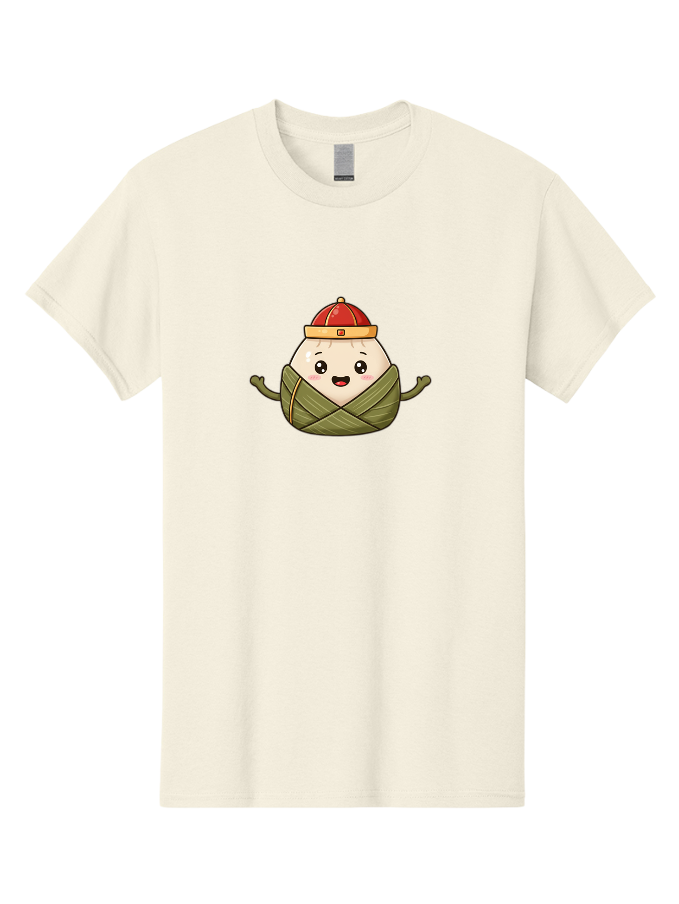 Zongzi-Cartoon-Character Men'S Graphic Tee, 100% Cotton, Comfortable Casual Summer Wear, Machine Washable, Cartoon Zongzi, Chinese Rice Dumpling, Traditional Food, Dragon Boat Festival, Happy Face, Red Hat, Green Wrapping, Cute Character, Bab606 3