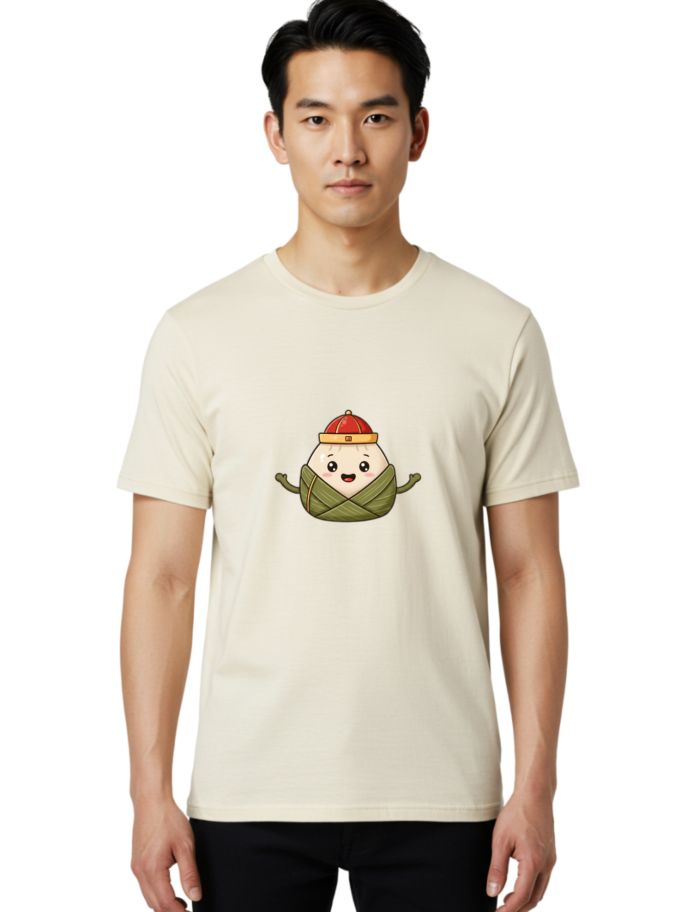 Zongzi-Cartoon-Character Men'S Graphic Tee, 100% Cotton, Comfortable Casual Summer Wear, Machine Washable, Cartoon Zongzi, Chinese Rice Dumpling, Traditional Food, Dragon Boat Festival, Happy Face, Red Hat, Green Wrapping, Cute Character, Bab606 18