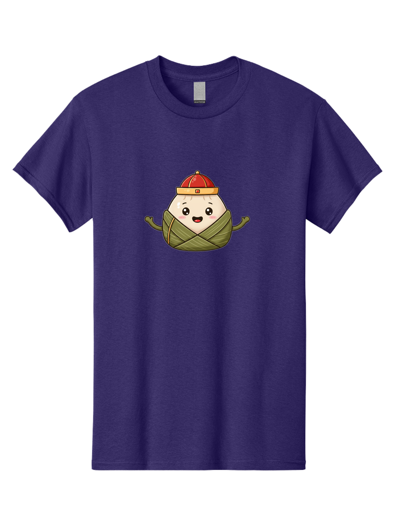 Zongzi-Cartoon-Character Men'S Graphic Tee, 100% Cotton, Comfortable Casual Summer Wear, Machine Washable, Cartoon Zongzi, Chinese Rice Dumpling, Traditional Food, Dragon Boat Festival, Happy Face, Red Hat, Green Wrapping, Cute Character, Bab606 8