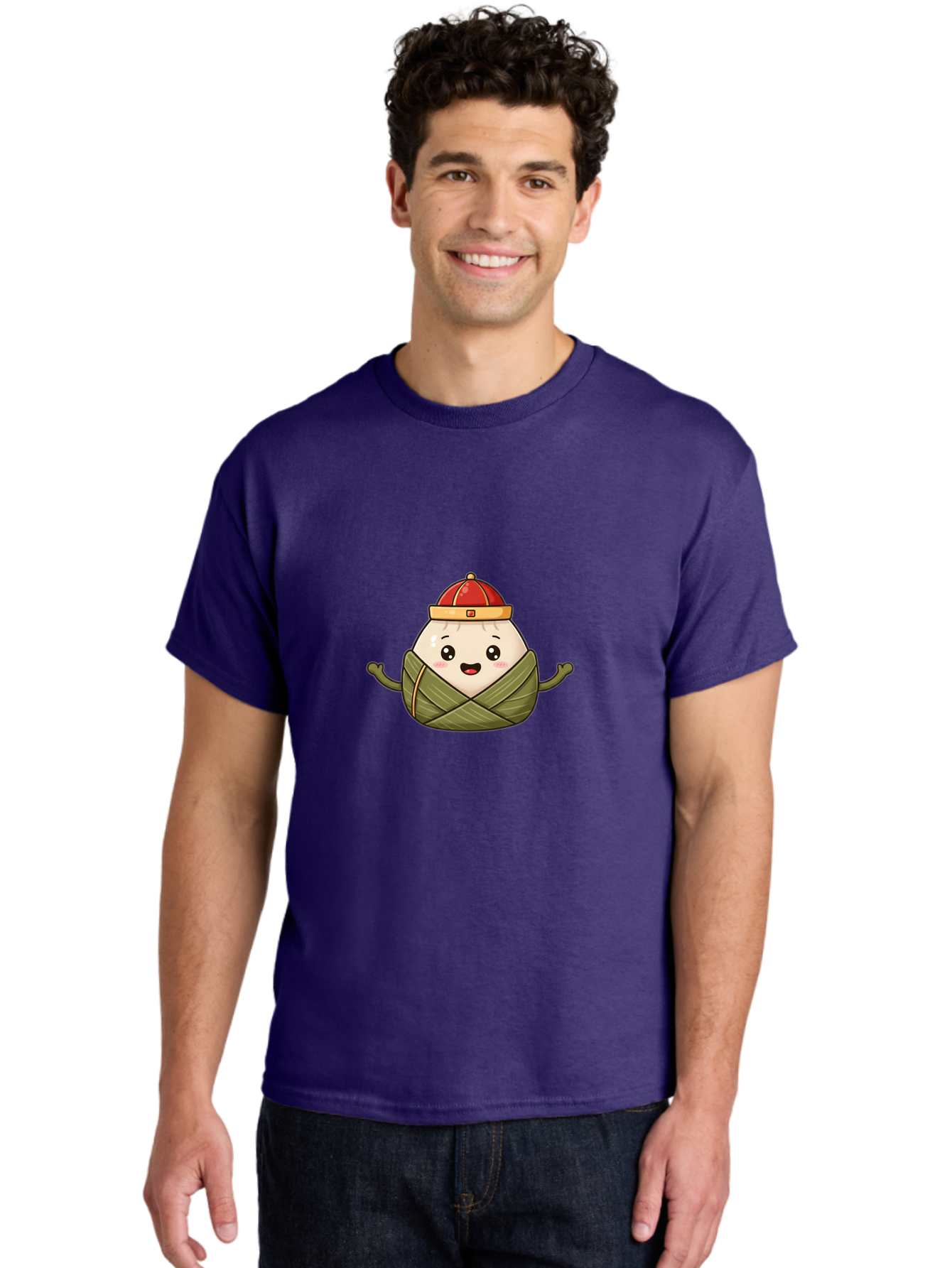 Zongzi-Cartoon-Character Men'S Graphic Tee, 100% Cotton, Comfortable Casual Summer Wear, Machine Washable, Cartoon Zongzi, Chinese Rice Dumpling, Traditional Food, Dragon Boat Festival, Happy Face, Red Hat, Green Wrapping, Cute Character, Bab606 23