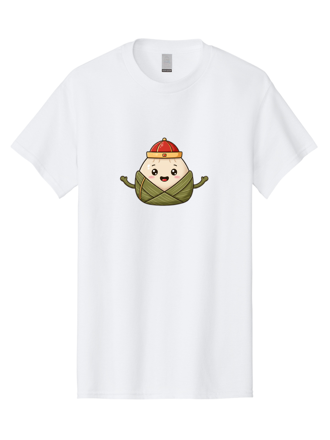 Zongzi-Cartoon-Character Men'S Graphic Tee, 100% Cotton, Comfortable Casual Summer Wear, Machine Washable, Cartoon Zongzi, Chinese Rice Dumpling, Traditional Food, Dragon Boat Festival, Happy Face, Red Hat, Green Wrapping, Cute Character, Bab606 13