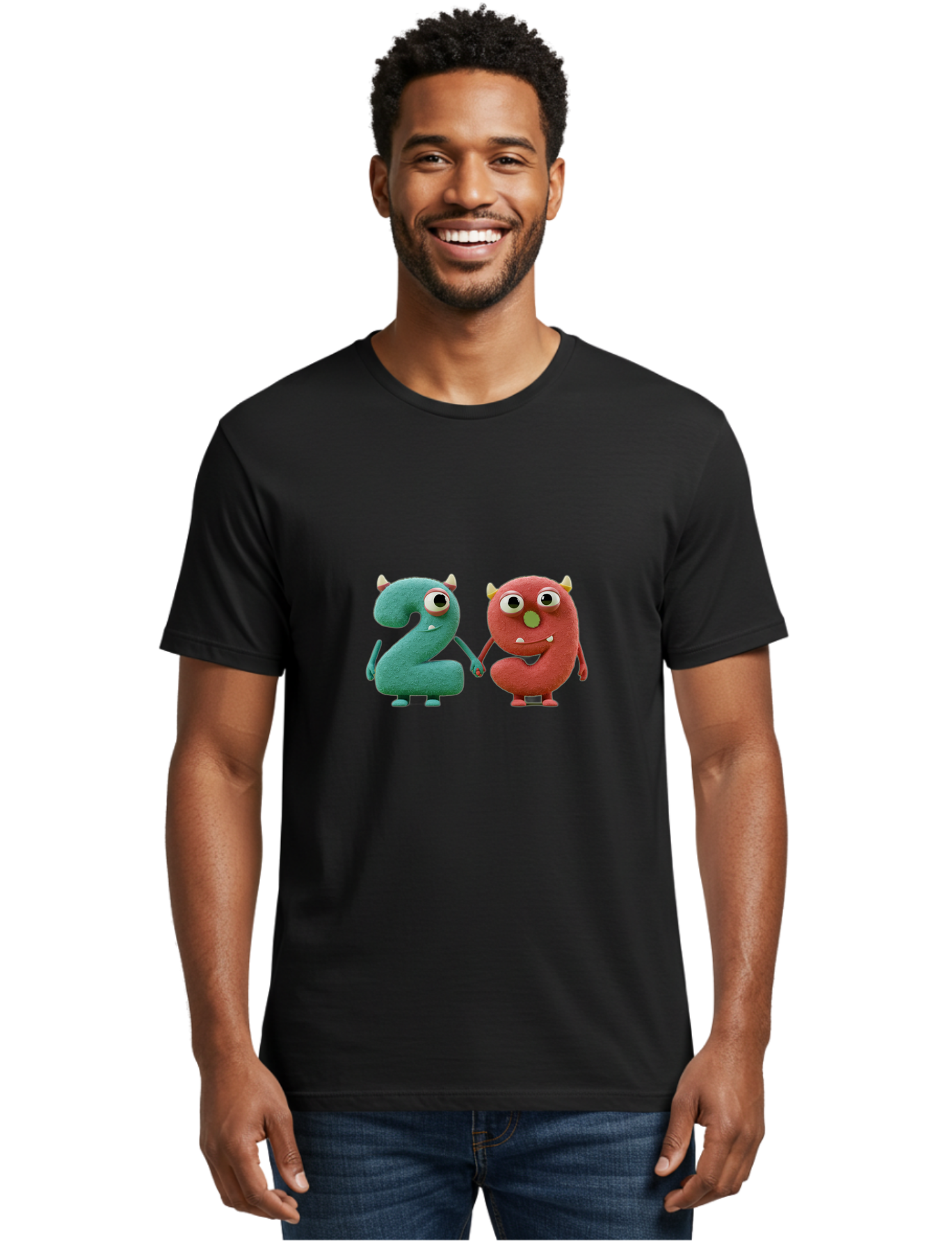 2-Monsters Men'S Graphic Tee, 100% Cotton, Comfortable Casual Summer Wear, Machine Washable, Monster Numbers, Cute Creatures, Colorful Characters, Playful Design, Funny Eyes, Holding Hands, Learning Numbers, Kid'S Education, Cartoon Style, Bab610 22