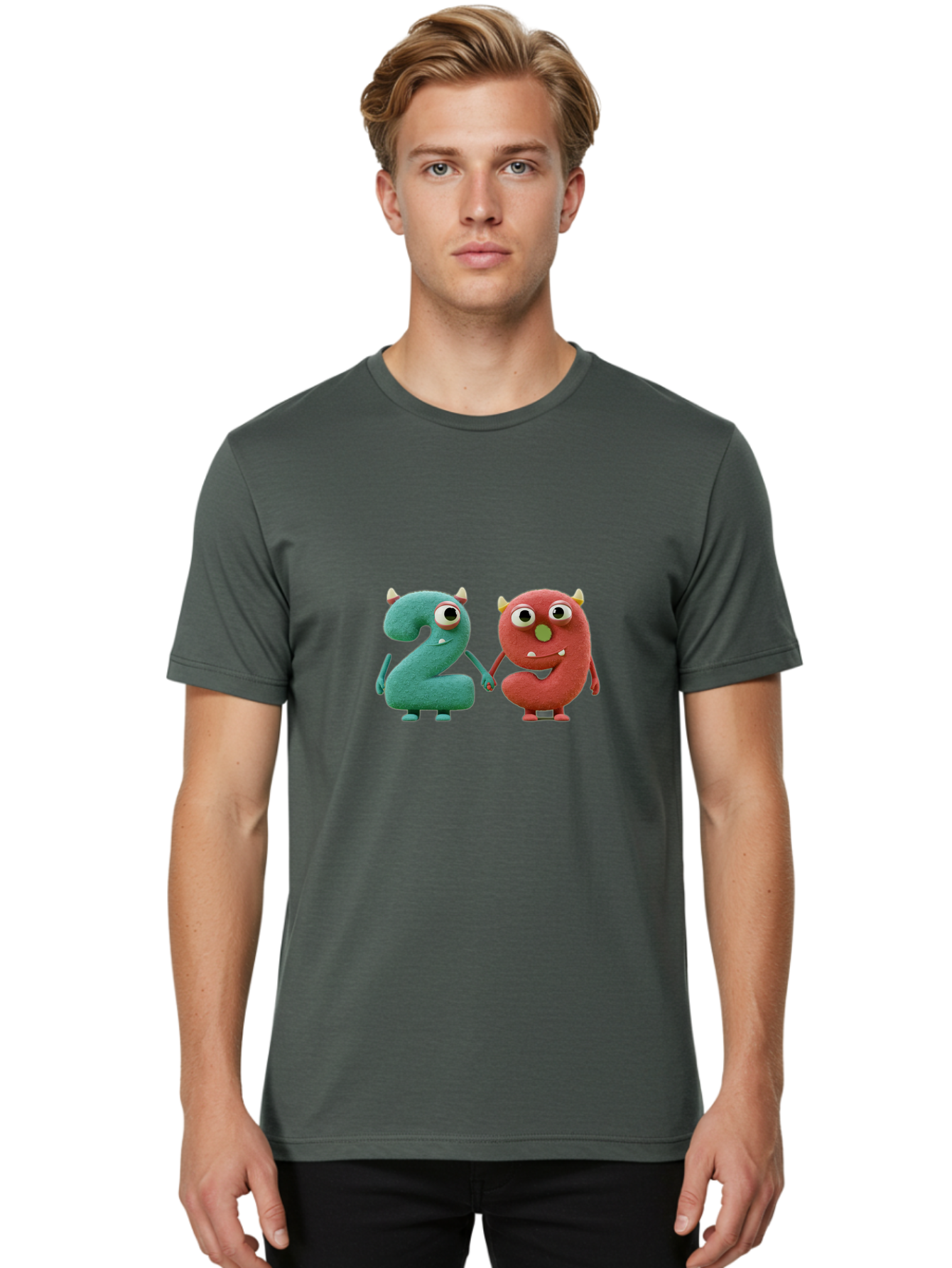 2-Monsters Men'S Graphic Tee, 100% Cotton, Comfortable Casual Summer Wear, Machine Washable, Monster Numbers, Cute Creatures, Colorful Characters, Playful Design, Funny Eyes, Holding Hands, Learning Numbers, Kid'S Education, Cartoon Style, Bab610 21
