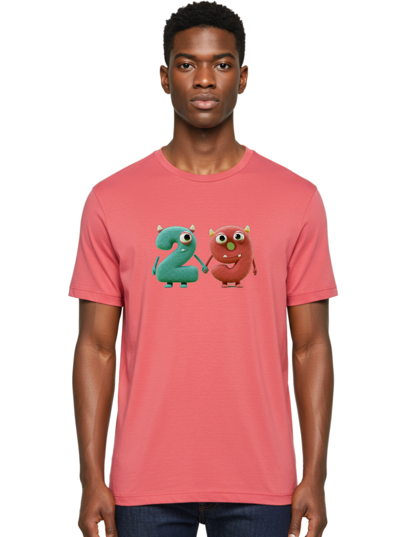 2-Monsters Men'S Graphic Tee, 100% Cotton, Comfortable Casual Summer Wear, Machine Washable, Monster Numbers, Cute Creatures, Colorful Characters, Playful Design, Funny Eyes, Holding Hands, Learning Numbers, Kid'S Education, Cartoon Style, Bab610 25