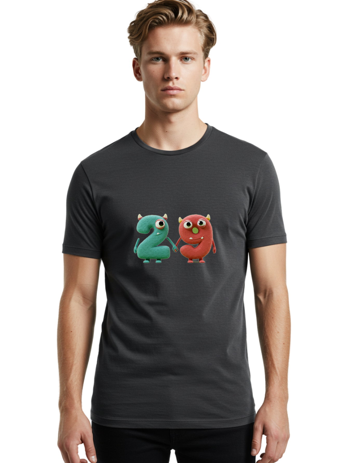 2-Monsters Men'S Graphic Tee, 100% Cotton, Comfortable Casual Summer Wear, Machine Washable, Monster Numbers, Cute Creatures, Colorful Characters, Playful Design, Funny Eyes, Holding Hands, Learning Numbers, Kid'S Education, Cartoon Style, Bab610 29