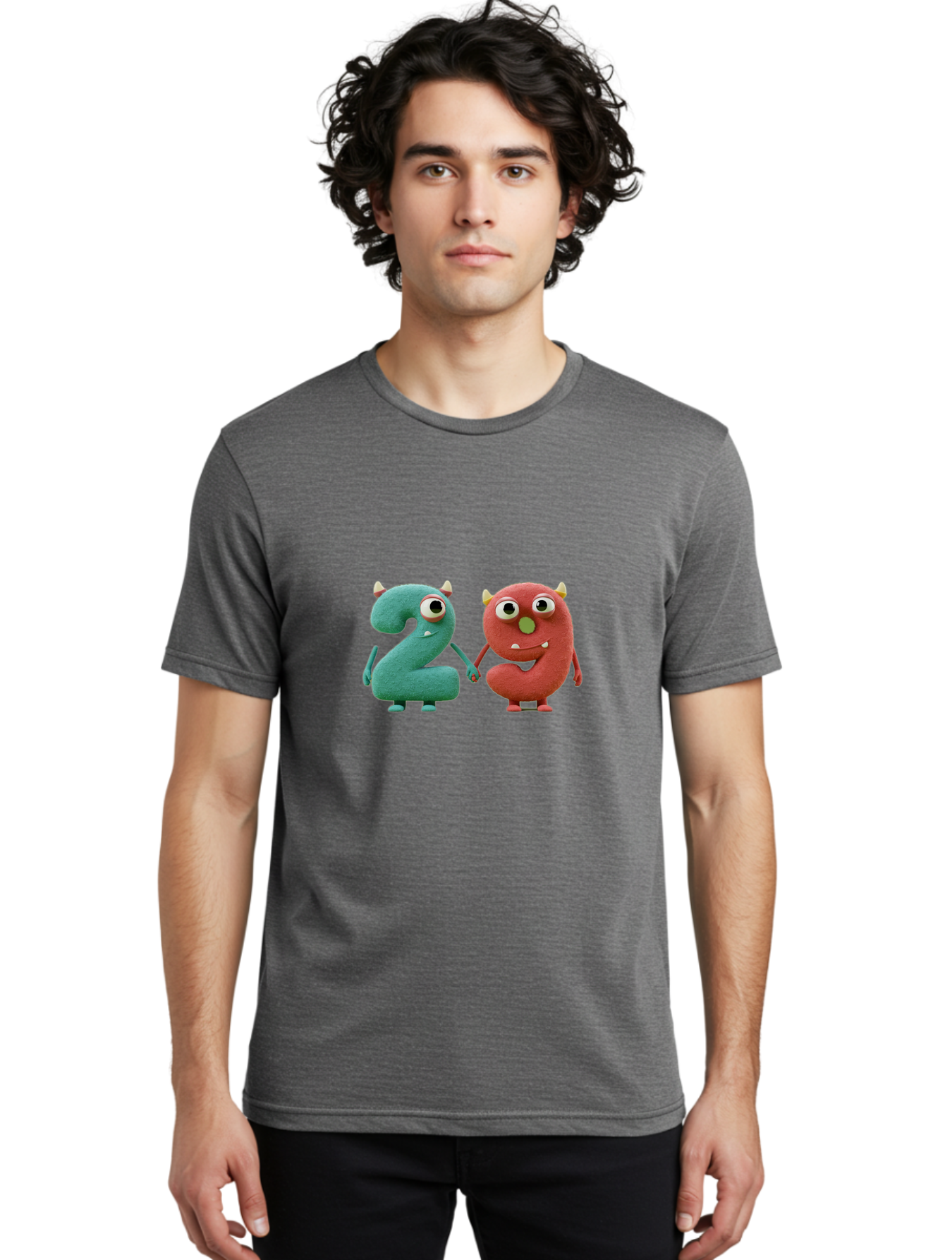 2-Monsters Men'S Graphic Tee, 100% Cotton, Comfortable Casual Summer Wear, Machine Washable, Monster Numbers, Cute Creatures, Colorful Characters, Playful Design, Funny Eyes, Holding Hands, Learning Numbers, Kid'S Education, Cartoon Style, Bab610 20