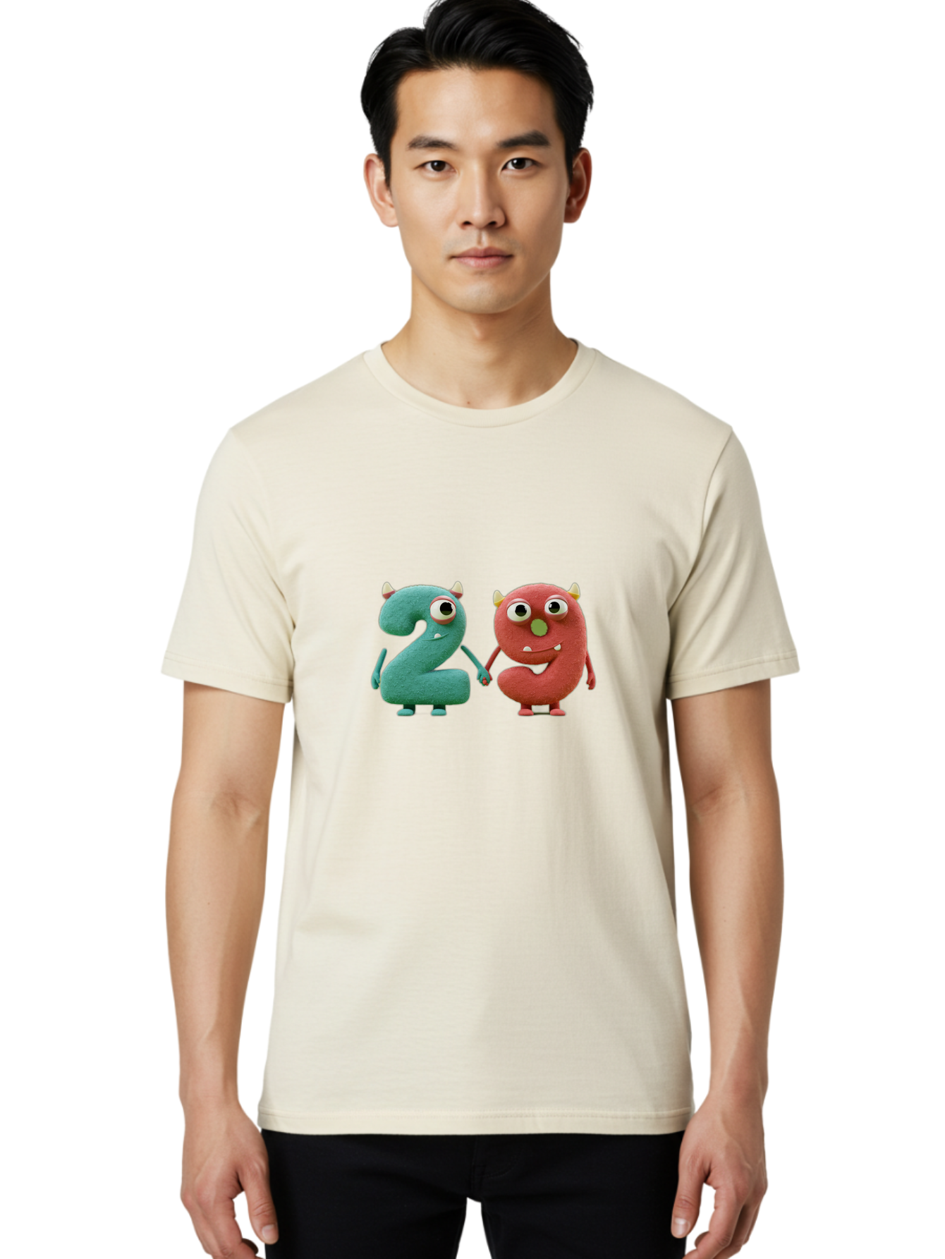 2-Monsters Men'S Graphic Tee, 100% Cotton, Comfortable Casual Summer Wear, Machine Washable, Monster Numbers, Cute Creatures, Colorful Characters, Playful Design, Funny Eyes, Holding Hands, Learning Numbers, Kid'S Education, Cartoon Style, Bab610 19