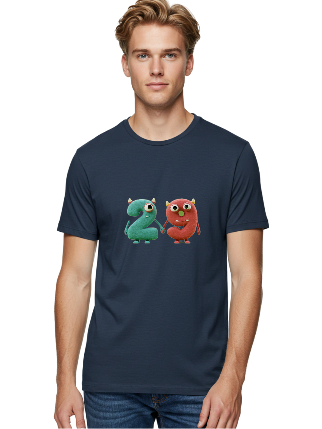 2-Monsters Men'S Graphic Tee, 100% Cotton, Comfortable Casual Summer Wear, Machine Washable, Monster Numbers, Cute Creatures, Colorful Characters, Playful Design, Funny Eyes, Holding Hands, Learning Numbers, Kid'S Education, Cartoon Style, Bab610 23