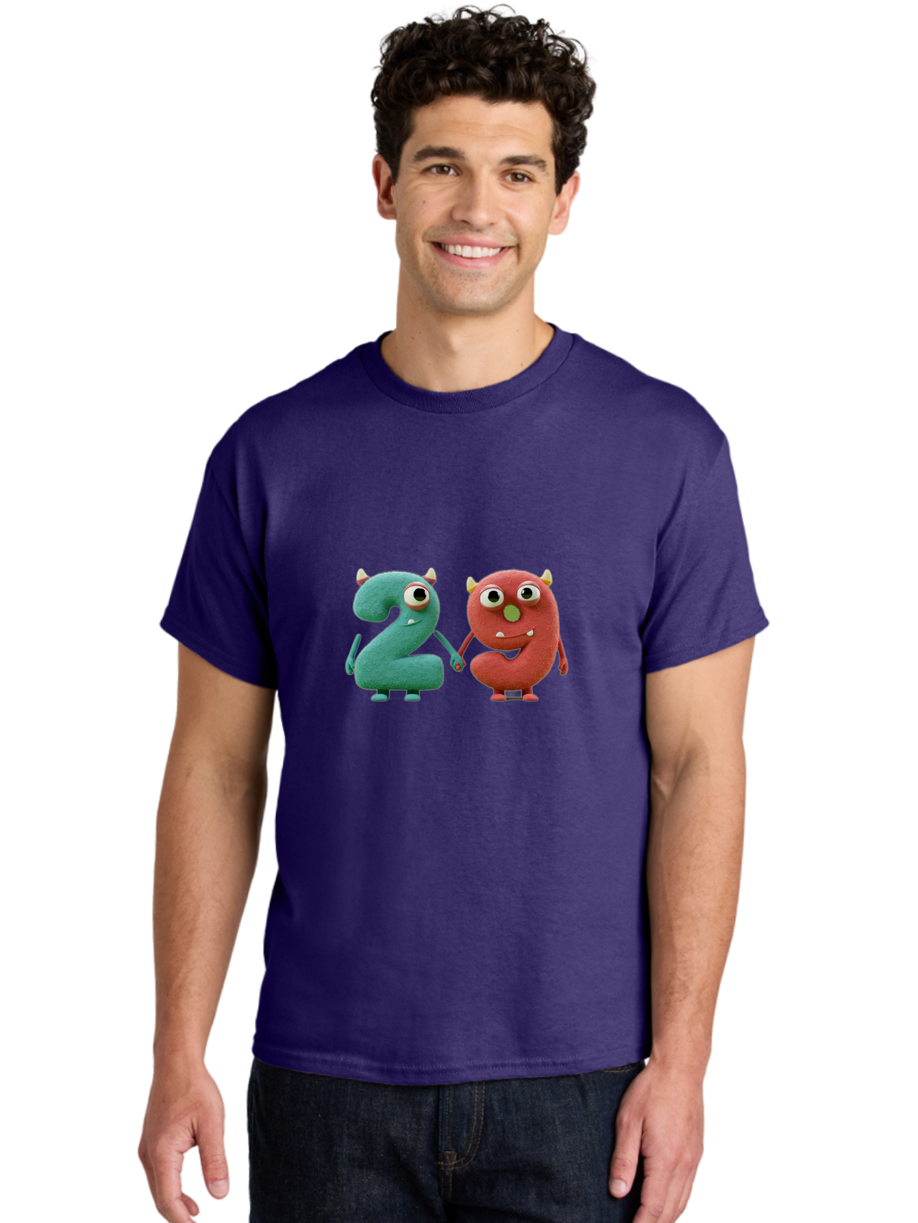 2-Monsters Men'S Graphic Tee, 100% Cotton, Comfortable Casual Summer Wear, Machine Washable, Monster Numbers, Cute Creatures, Colorful Characters, Playful Design, Funny Eyes, Holding Hands, Learning Numbers, Kid'S Education, Cartoon Style, Bab610 26