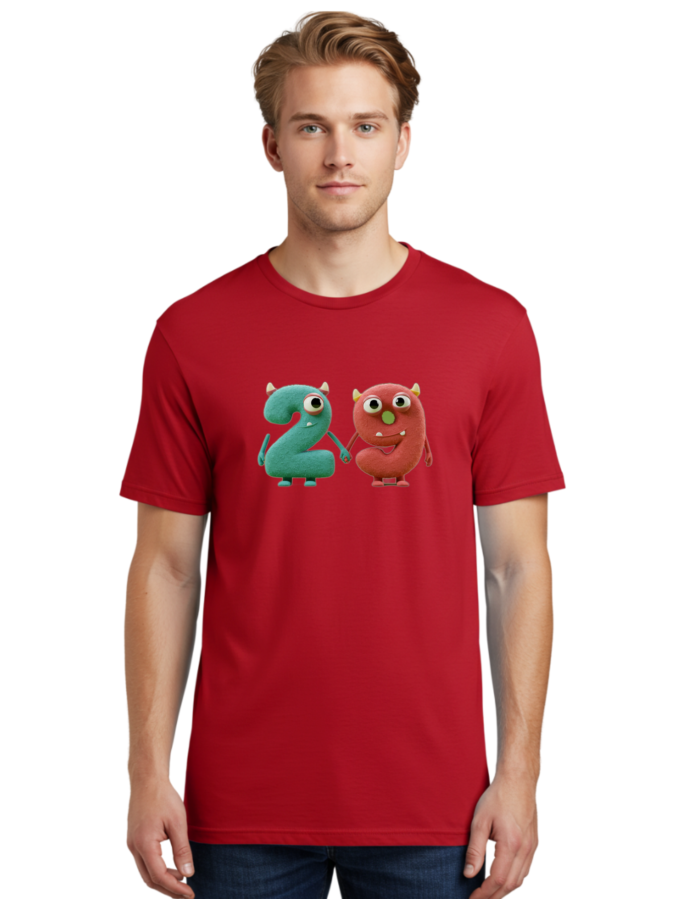 2-Monsters Men'S Graphic Tee, 100% Cotton, Comfortable Casual Summer Wear, Machine Washable, Monster Numbers, Cute Creatures, Colorful Characters, Playful Design, Funny Eyes, Holding Hands, Learning Numbers, Kid'S Education, Cartoon Style, Bab610 30