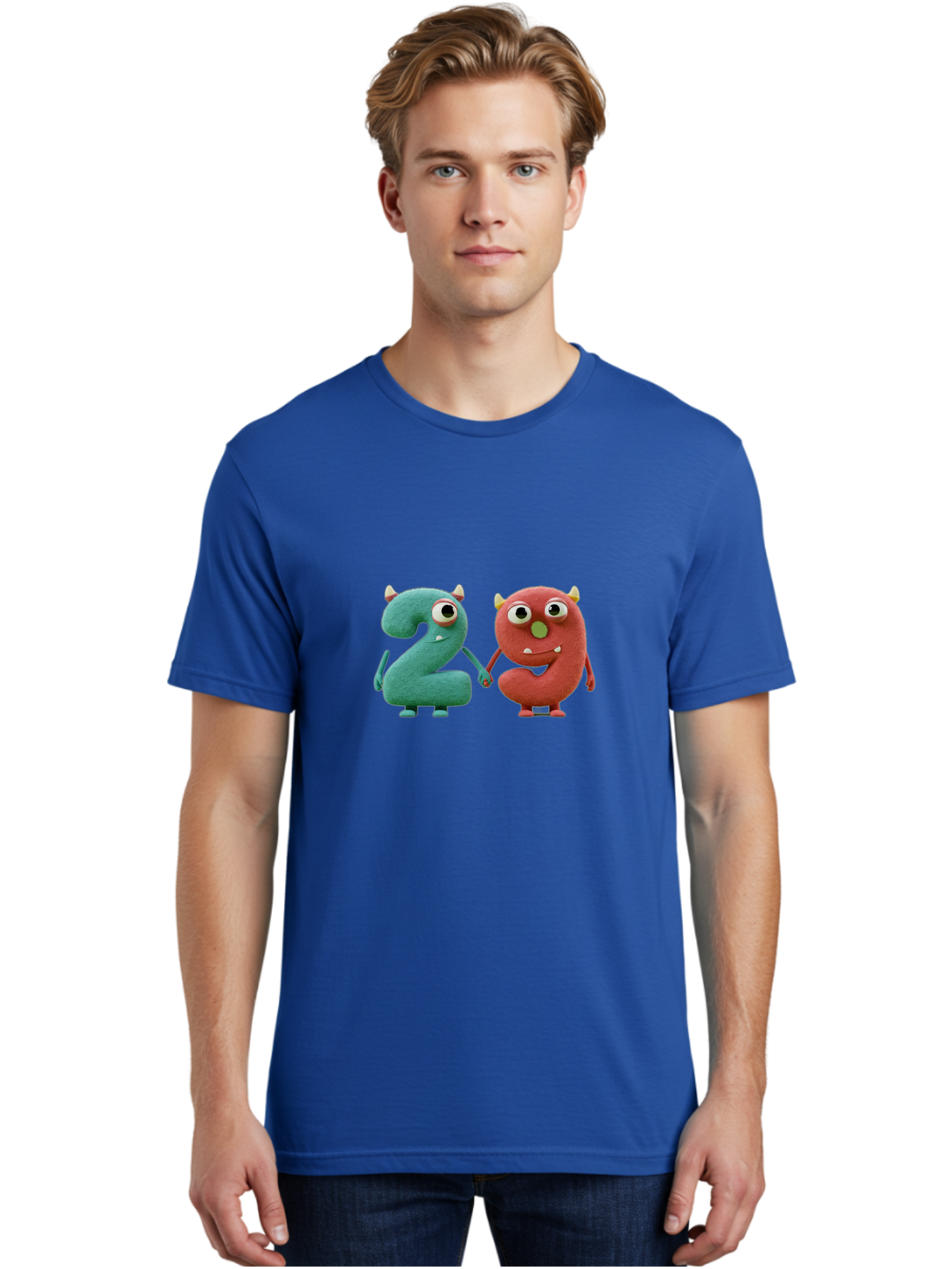 2-Monsters Men'S Graphic Tee, 100% Cotton, Comfortable Casual Summer Wear, Machine Washable, Monster Numbers, Cute Creatures, Colorful Characters, Playful Design, Funny Eyes, Holding Hands, Learning Numbers, Kid'S Education, Cartoon Style, Bab610 17