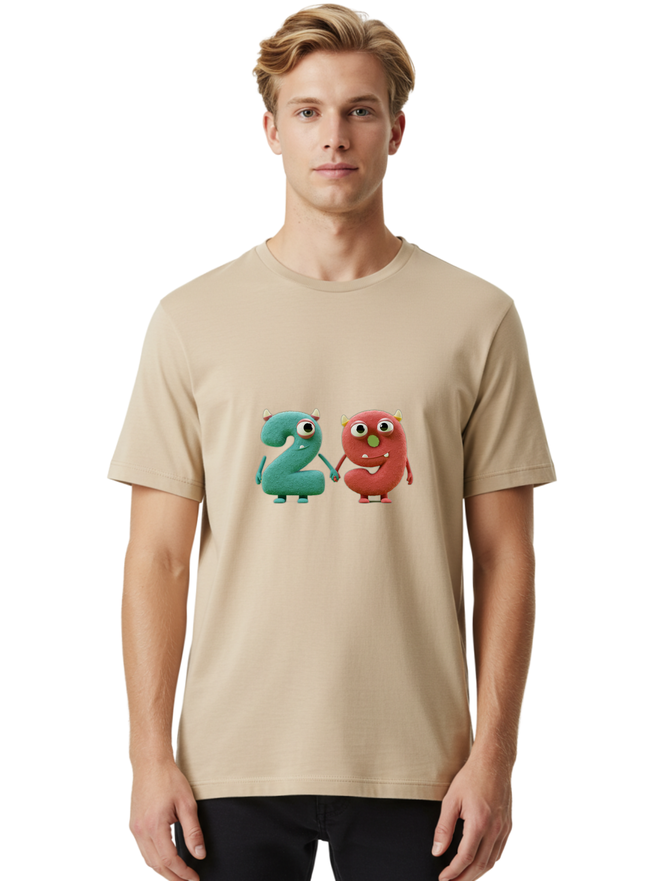 2-Monsters Men'S Graphic Tee, 100% Cotton, Comfortable Casual Summer Wear, Machine Washable, Monster Numbers, Cute Creatures, Colorful Characters, Playful Design, Funny Eyes, Holding Hands, Learning Numbers, Kid'S Education, Cartoon Style, Bab610 24