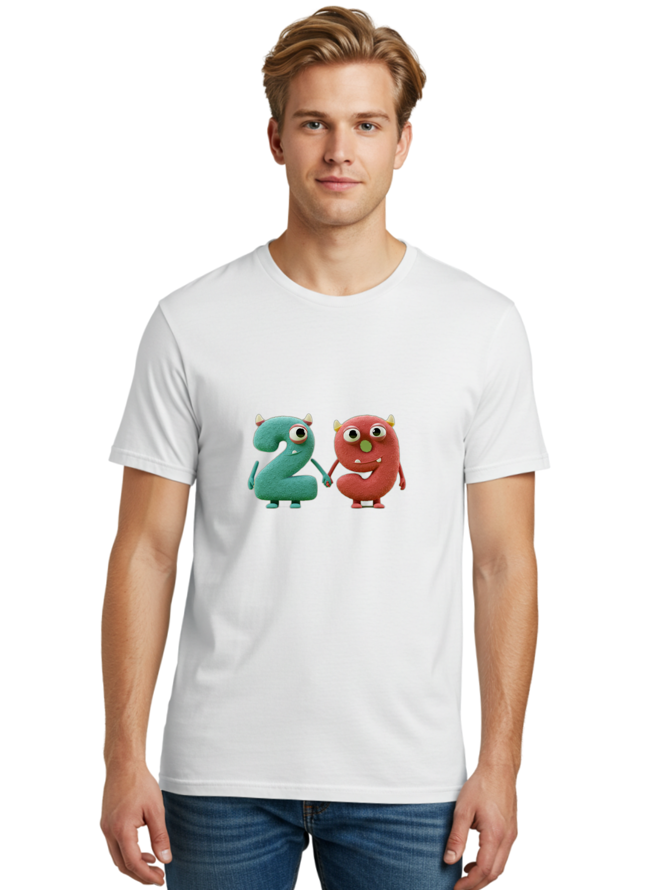 2-Monsters Men'S Graphic Tee, 100% Cotton, Comfortable Casual Summer Wear, Machine Washable, Monster Numbers, Cute Creatures, Colorful Characters, Playful Design, Funny Eyes, Holding Hands, Learning Numbers, Kid'S Education, Cartoon Style, Bab610 27