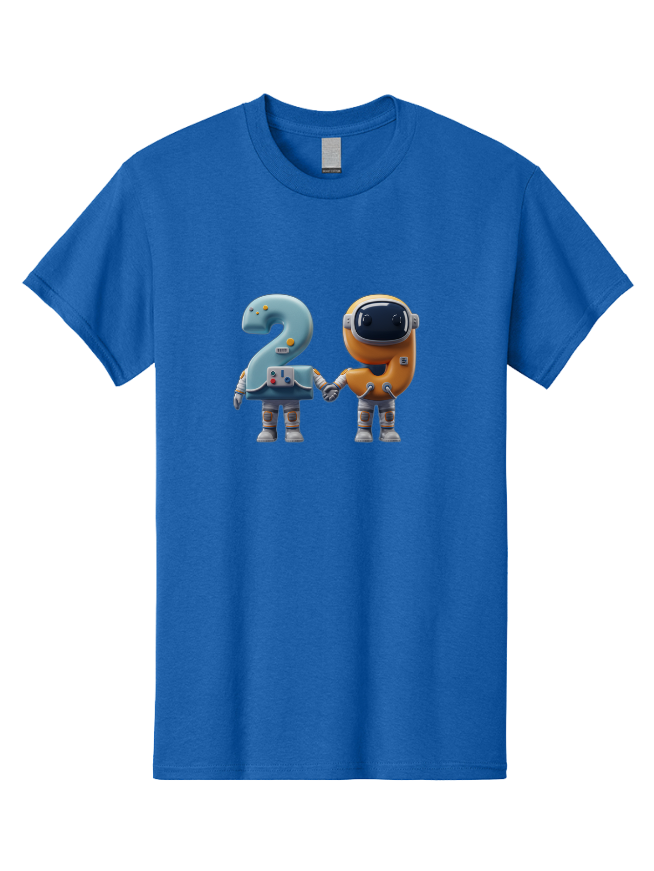 2-Robots Men'S Graphic Tee, 100% Cotton, Comfortable Casual Summer Wear, Machine Washable, 3D Rendered Robots, Robot Holding Number 2, Futuristic Design, Robotic Figures, Hand In Hand Robots, Orange And Blue Robots, Space Age, Robotics, Bab611 14