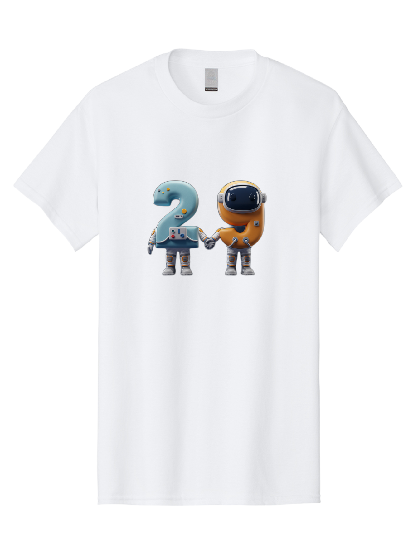 2-Robots Men'S Graphic Tee, 100% Cotton, Comfortable Casual Summer Wear, Machine Washable, 3D Rendered Robots, Robot Holding Number 2, Futuristic Design, Robotic Figures, Hand In Hand Robots, Orange And Blue Robots, Space Age, Robotics, Bab611 7