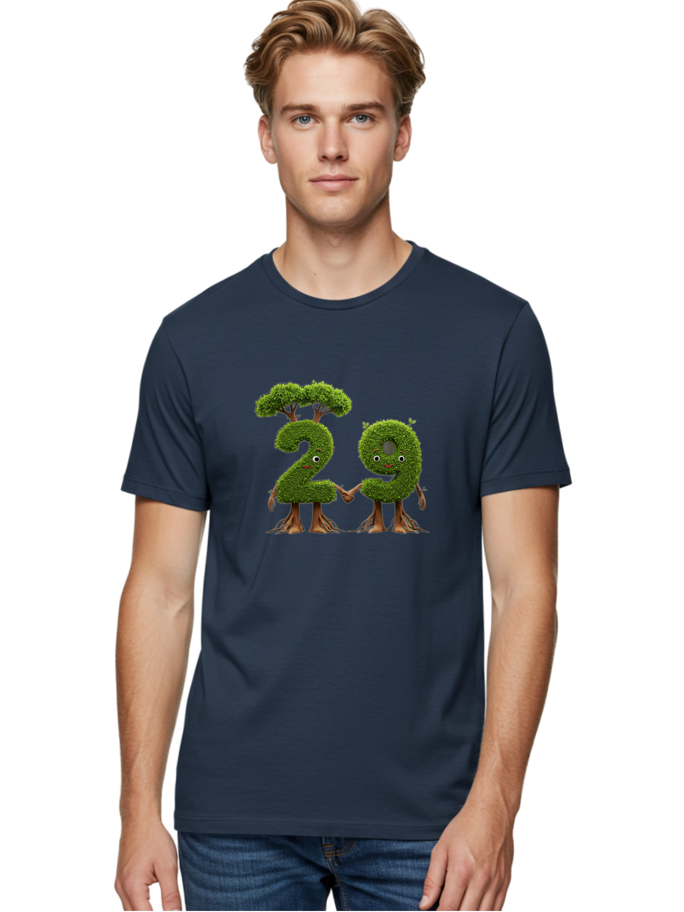 20 Men'S Graphic Tee, 100% Cotton, Comfortable Casual Summer Wear, Machine Washable, Topiary Numbers, Hand In Hand, Numbers 2 And 4, Foliage Characters, Leafy Figures, Green Numbers, Happy Faces, Whimsical Design, Nature-Inspired Art, Bab612 22