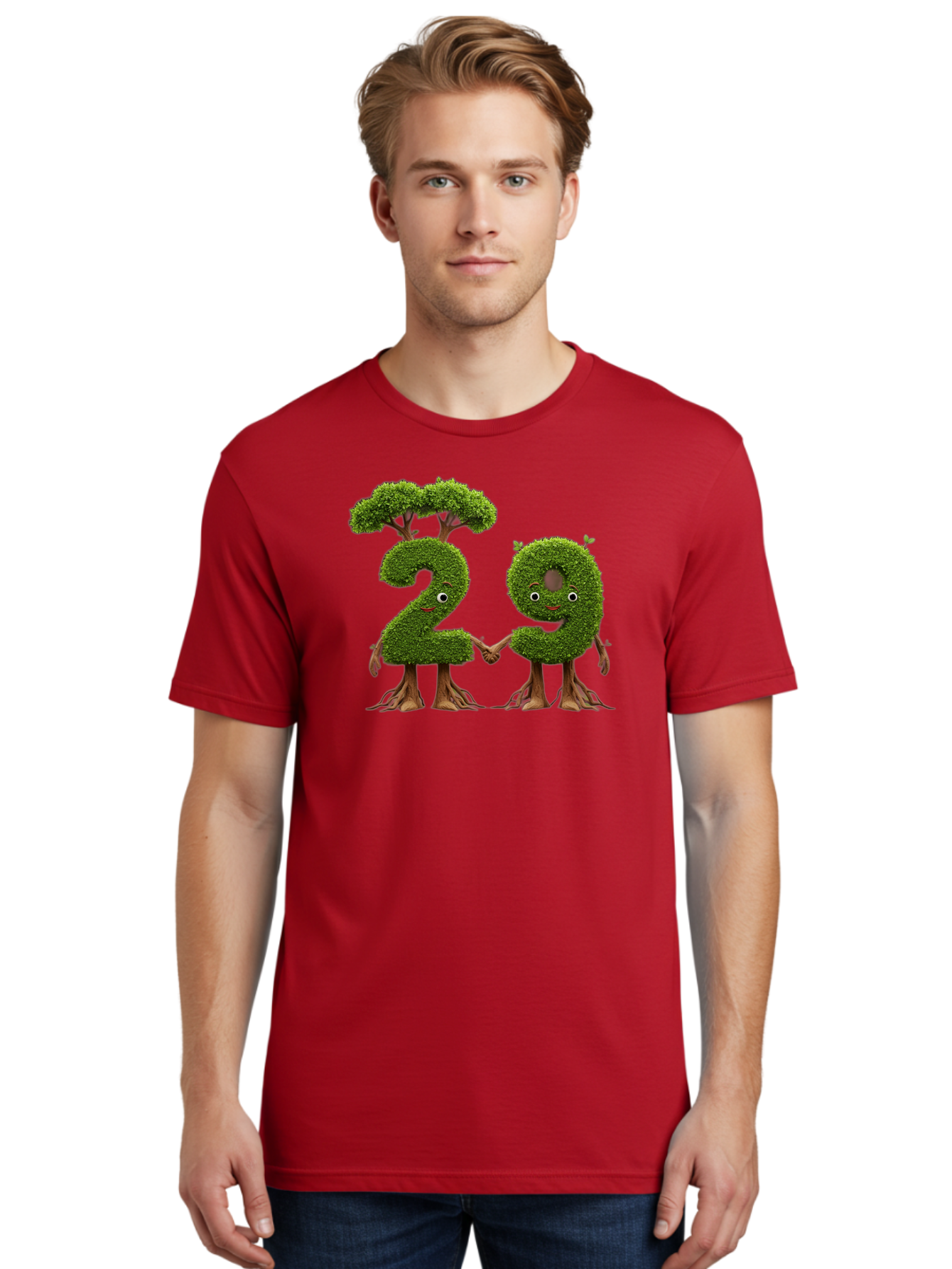 20 Men'S Graphic Tee, 100% Cotton, Comfortable Casual Summer Wear, Machine Washable, Topiary Numbers, Hand In Hand, Numbers 2 And 4, Foliage Characters, Leafy Figures, Green Numbers, Happy Faces, Whimsical Design, Nature-Inspired Art, Bab612 23