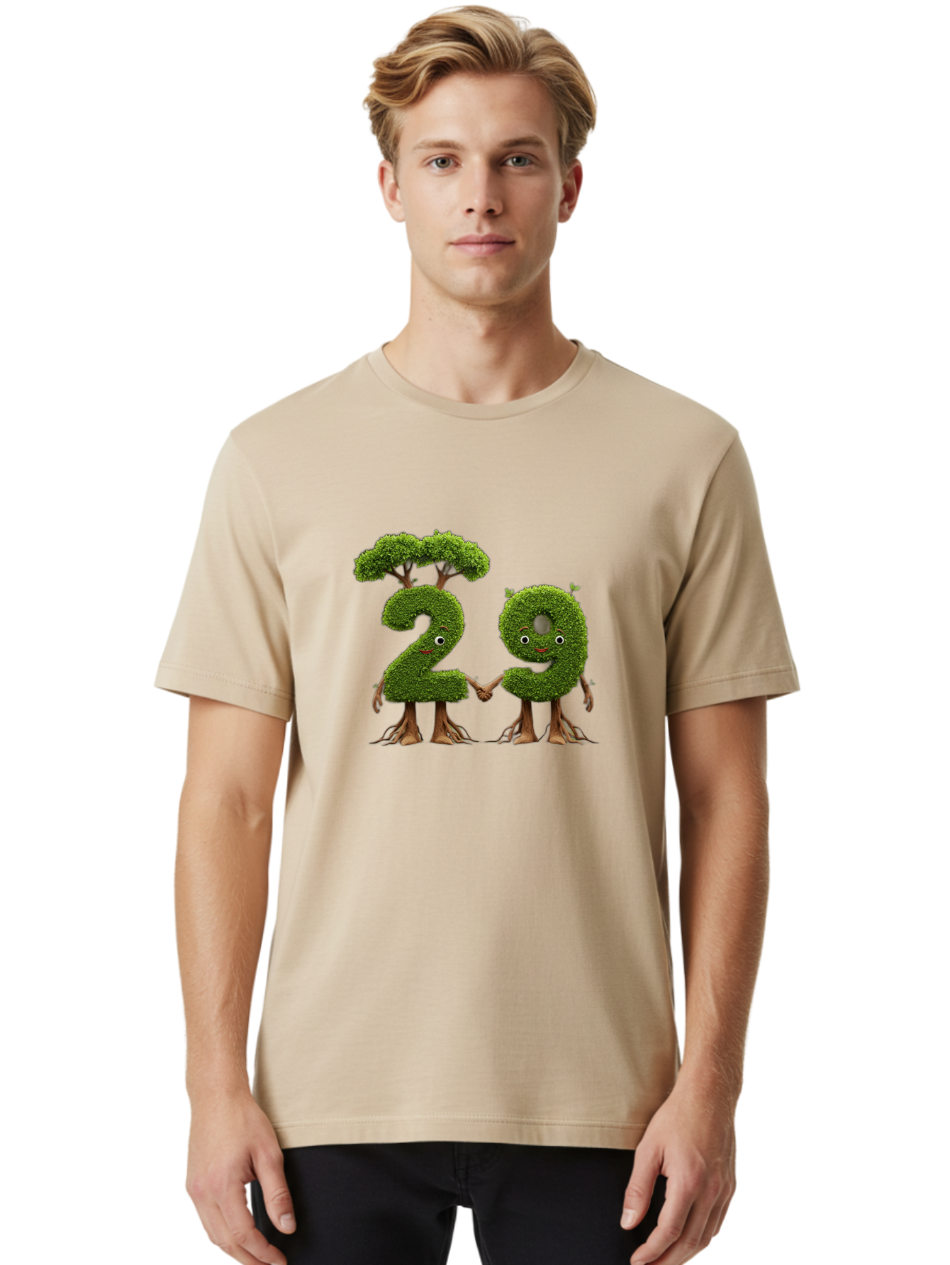 20 Men'S Graphic Tee, 100% Cotton, Comfortable Casual Summer Wear, Machine Washable, Topiary Numbers, Hand In Hand, Numbers 2 And 4, Foliage Characters, Leafy Figures, Green Numbers, Happy Faces, Whimsical Design, Nature-Inspired Art, Bab612 27