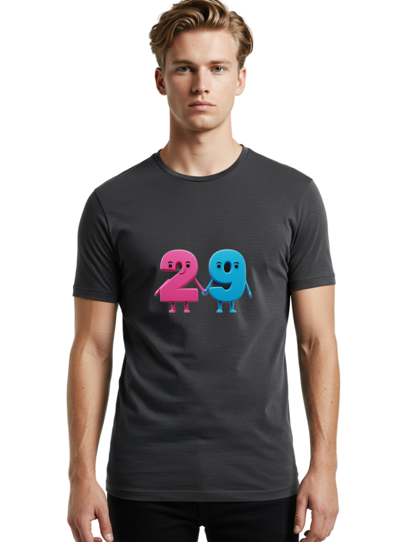 21 Men'S Graphic Tee, 100% Cotton, Comfortable Casual Summer Wear, Machine Washable, Cartoon Numbers 2 And 1, Pink And Blue Characters, Holding Hands, Smiling Faces, Friendly, Cute, Animated, Numbers With Personality, Digital Illustration, Bab613 25