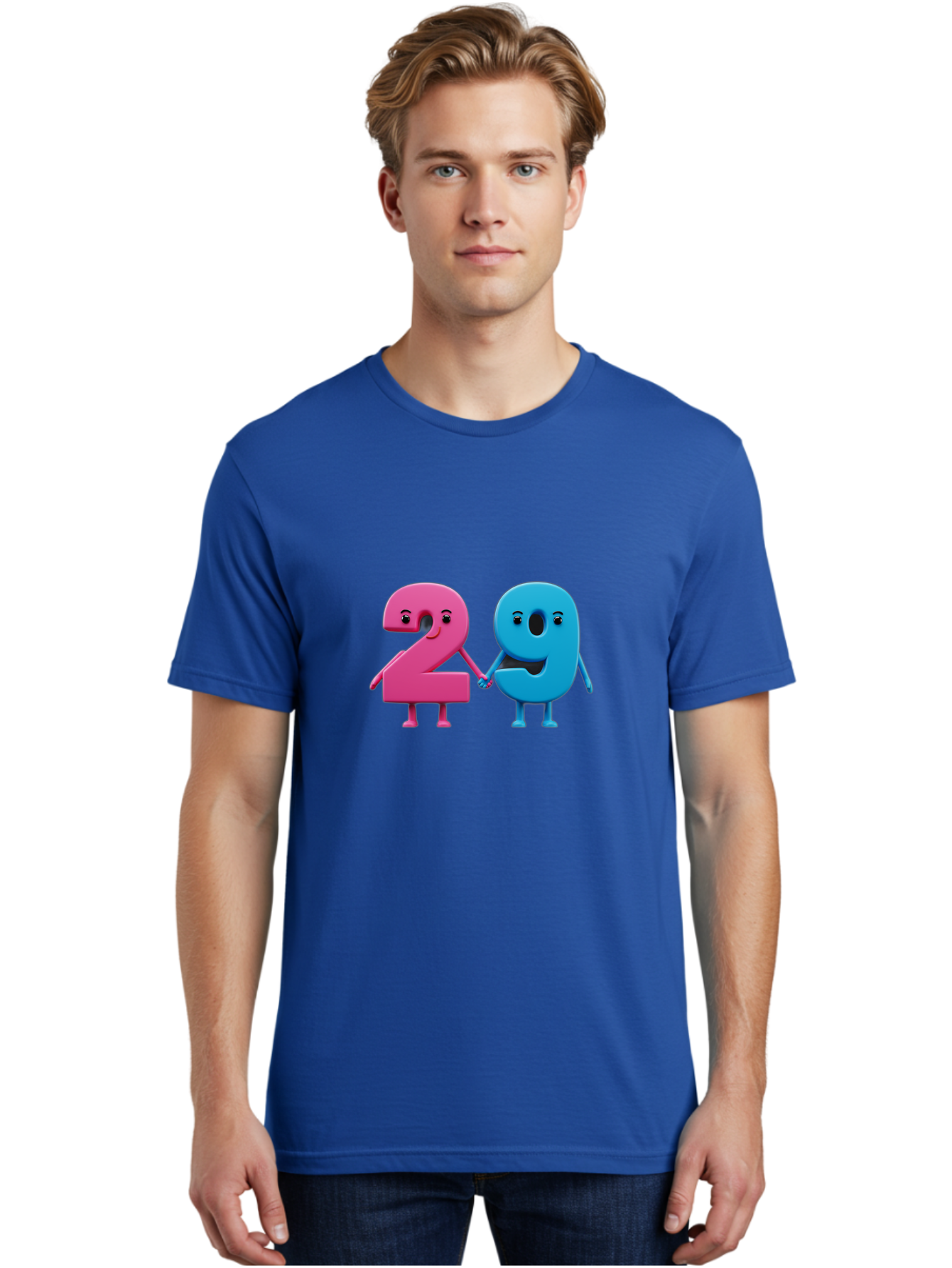 21 Men'S Graphic Tee, 100% Cotton, Comfortable Casual Summer Wear, Machine Washable, Cartoon Numbers 2 And 1, Pink And Blue Characters, Holding Hands, Smiling Faces, Friendly, Cute, Animated, Numbers With Personality, Digital Illustration, Bab613 26