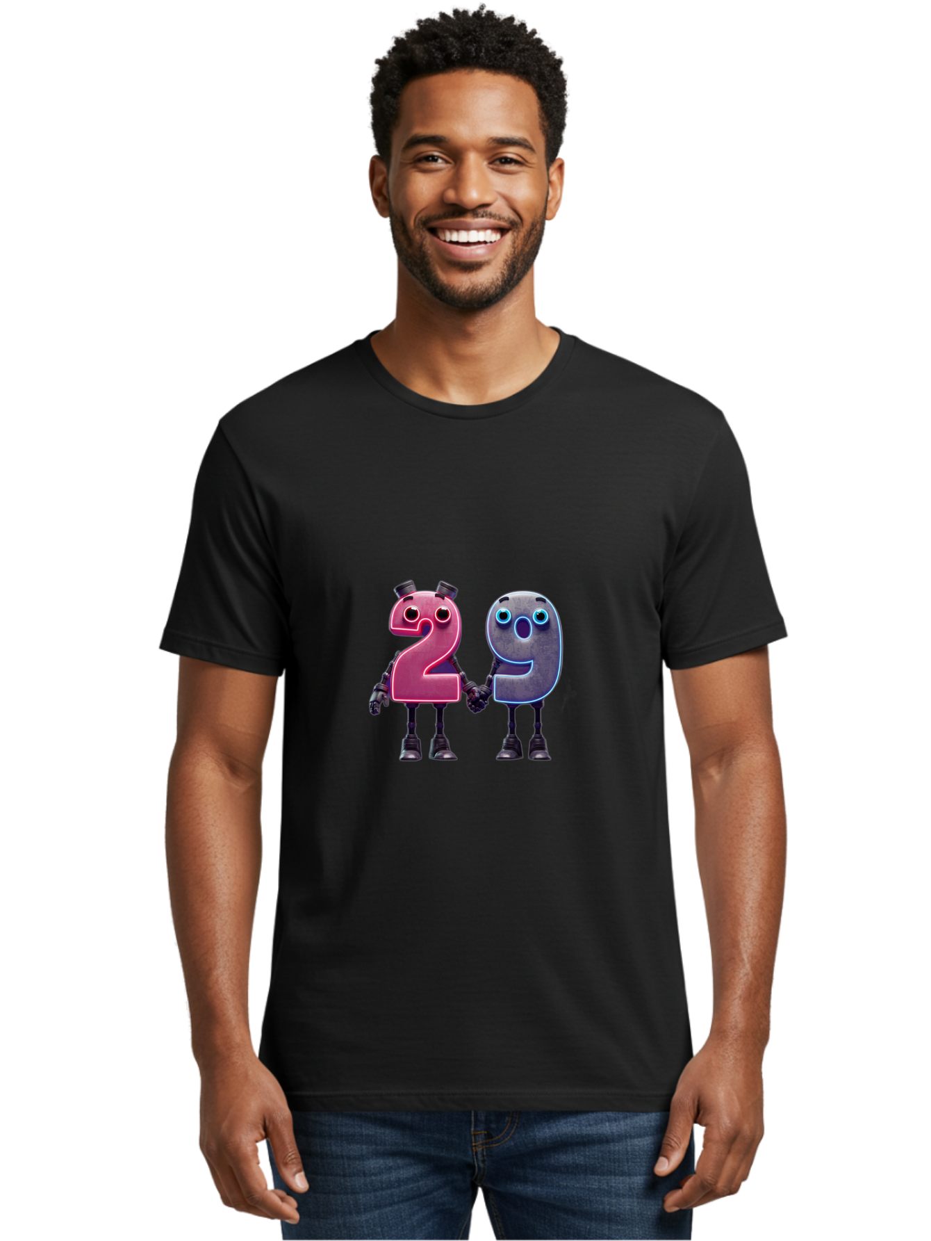 29 Men'S Graphic Tee, 100% Cotton, Comfortable Casual Summer Wear, Machine Washable, Anthropomorphic Numbers, Robotic Characters, 2 And 9, Futuristic Design, Neon Lights, Holding Hands, Friendly Duo, Cyborg Digits, Numerical Friends, Bab614 17