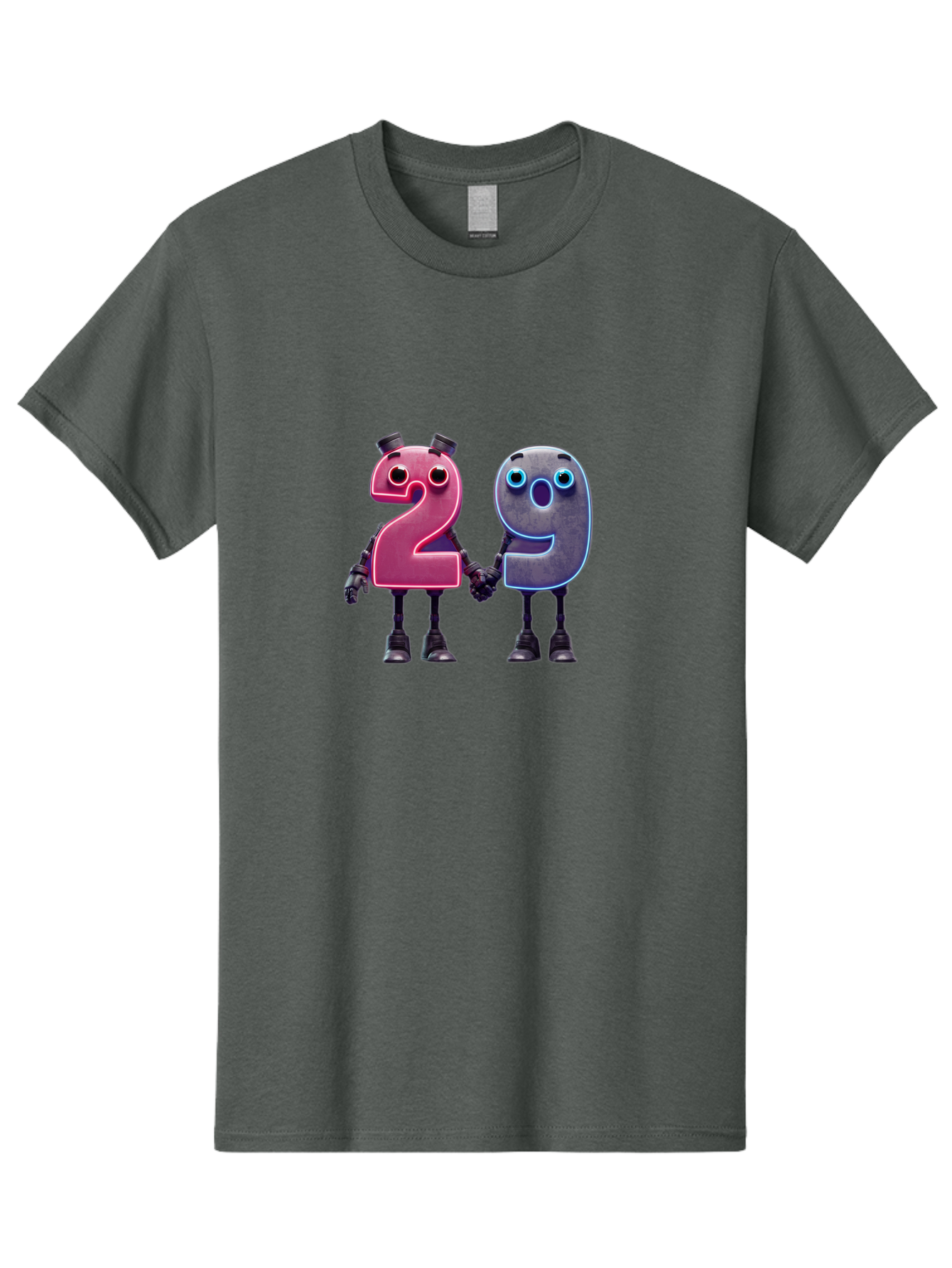 29 Men'S Graphic Tee, 100% Cotton, Comfortable Casual Summer Wear, Machine Washable, Anthropomorphic Numbers, Robotic Characters, 2 And 9, Futuristic Design, Neon Lights, Holding Hands, Friendly Duo, Cyborg Digits, Numerical Friends, Bab614 7