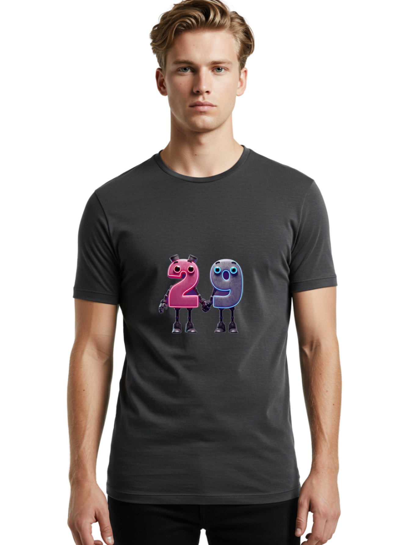 29 Men'S Graphic Tee, 100% Cotton, Comfortable Casual Summer Wear, Machine Washable, Anthropomorphic Numbers, Robotic Characters, 2 And 9, Futuristic Design, Neon Lights, Holding Hands, Friendly Duo, Cyborg Digits, Numerical Friends, Bab614 19