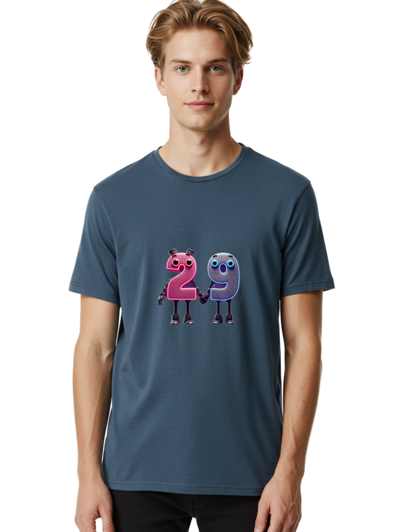 29 Men'S Graphic Tee, 100% Cotton, Comfortable Casual Summer Wear, Machine Washable, Anthropomorphic Numbers, Robotic Characters, 2 And 9, Futuristic Design, Neon Lights, Holding Hands, Friendly Duo, Cyborg Digits, Numerical Friends, Bab614 25