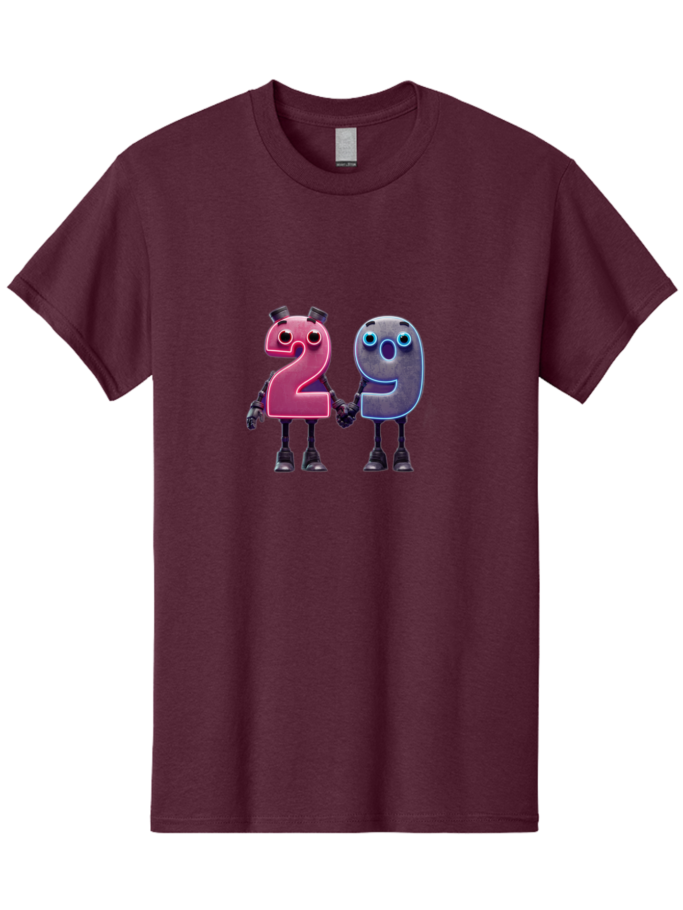 29 Men'S Graphic Tee, 100% Cotton, Comfortable Casual Summer Wear, Machine Washable, Anthropomorphic Numbers, Robotic Characters, 2 And 9, Futuristic Design, Neon Lights, Holding Hands, Friendly Duo, Cyborg Digits, Numerical Friends, Bab614 9