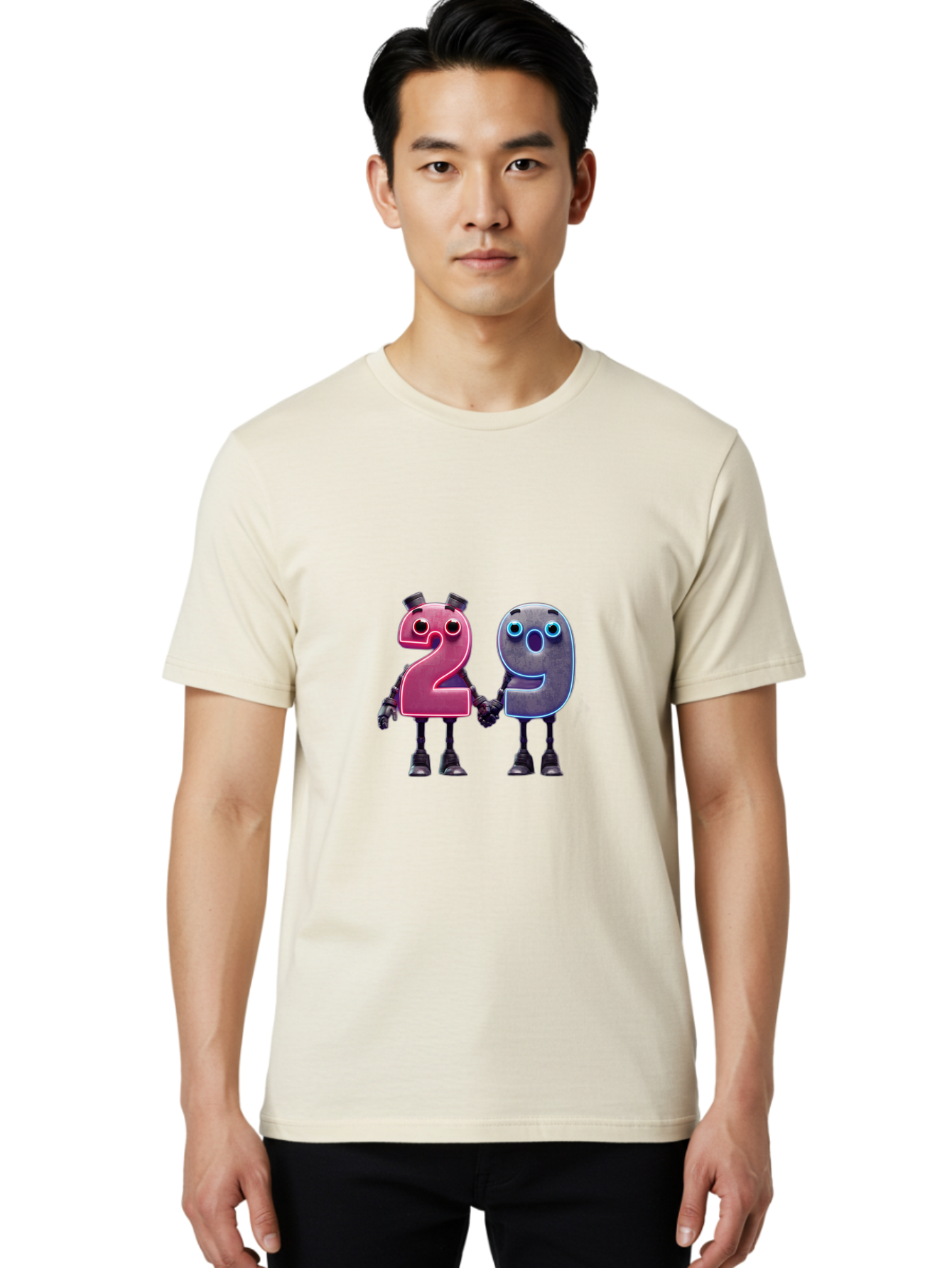 29 Men'S Graphic Tee, 100% Cotton, Comfortable Casual Summer Wear, Machine Washable, Anthropomorphic Numbers, Robotic Characters, 2 And 9, Futuristic Design, Neon Lights, Holding Hands, Friendly Duo, Cyborg Digits, Numerical Friends, Bab614 30