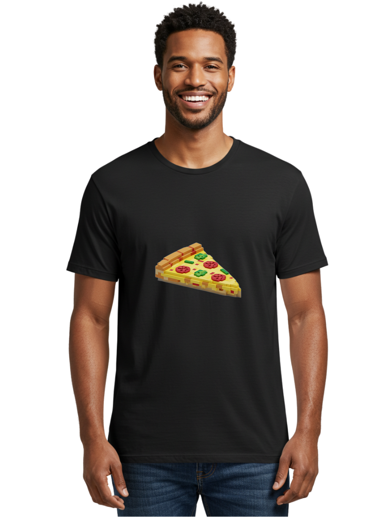 3D-Pizza-Slice Men'S Graphic Tee, 100% Cotton, Comfortable Casual Summer Wear, Machine Washable, Pixel Art, Pizza Slice, 3D Graphics, Pepperoni Pizza, Green Peppers, Yellow Crust, Red Toppings, Digital Illustration, Blocky Texture, Bab615 24