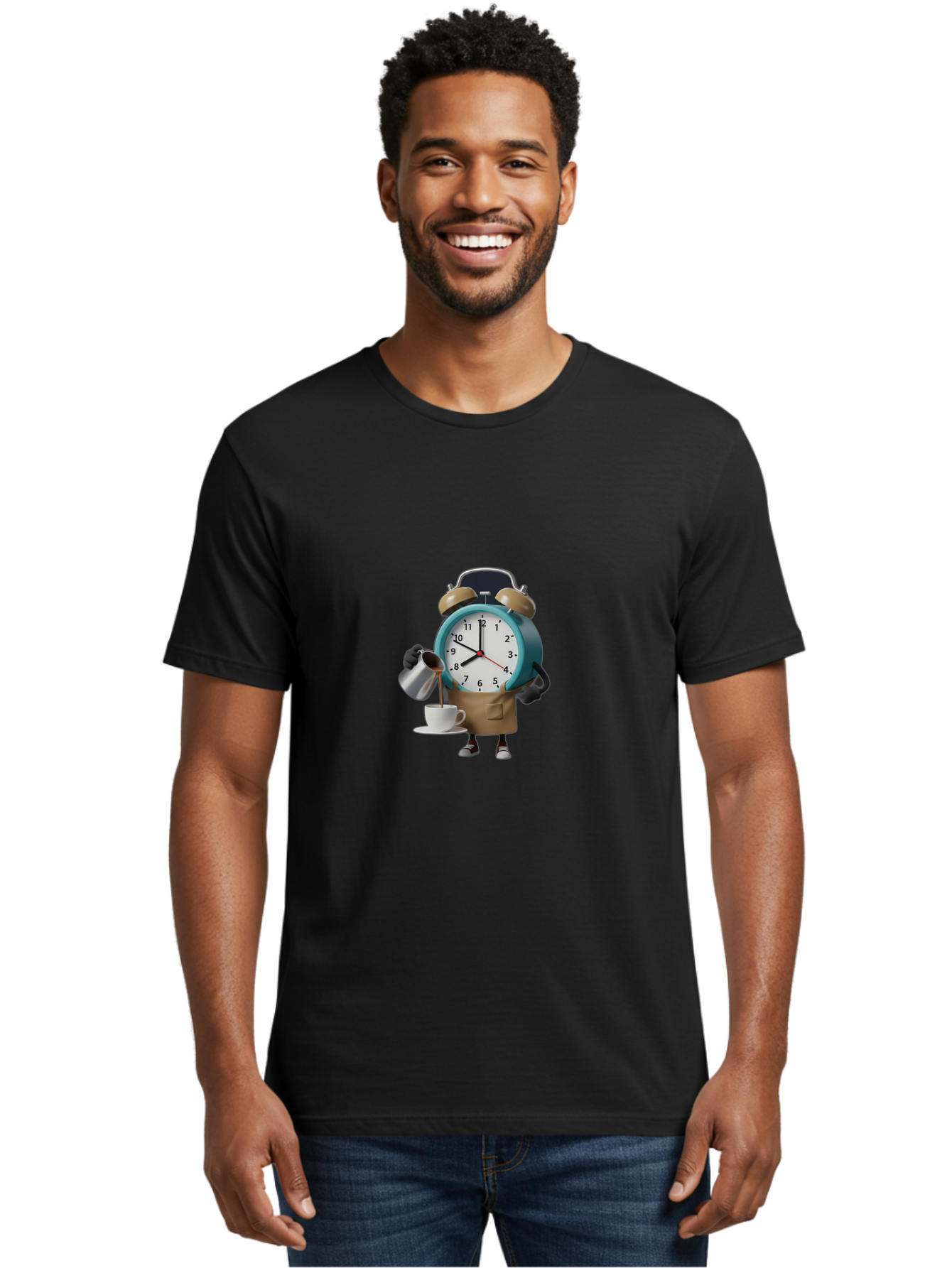 Alarm-Clock-Character Men'S Graphic Tee, 100% Cotton, Comfortable Casual Summer Wear, Machine Washable, Alarm Clock Character, Morning Coffee, Daily Routine, Time Management, Coffee Break, Cartoon Style, Clock Face, Coffee Cup, Saucer, Bab617 21