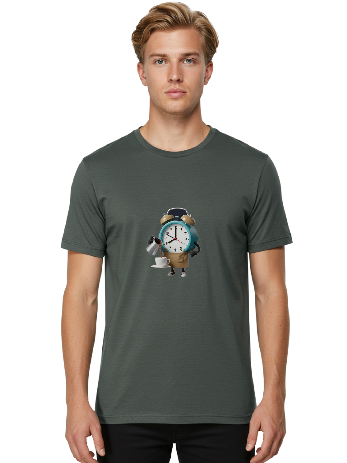 Alarm-Clock-Character Men'S Graphic Tee, 100% Cotton, Comfortable Casual Summer Wear, Machine Washable, Alarm Clock Character, Morning Coffee, Daily Routine, Time Management, Coffee Break, Cartoon Style, Clock Face, Coffee Cup, Saucer, Bab617 16