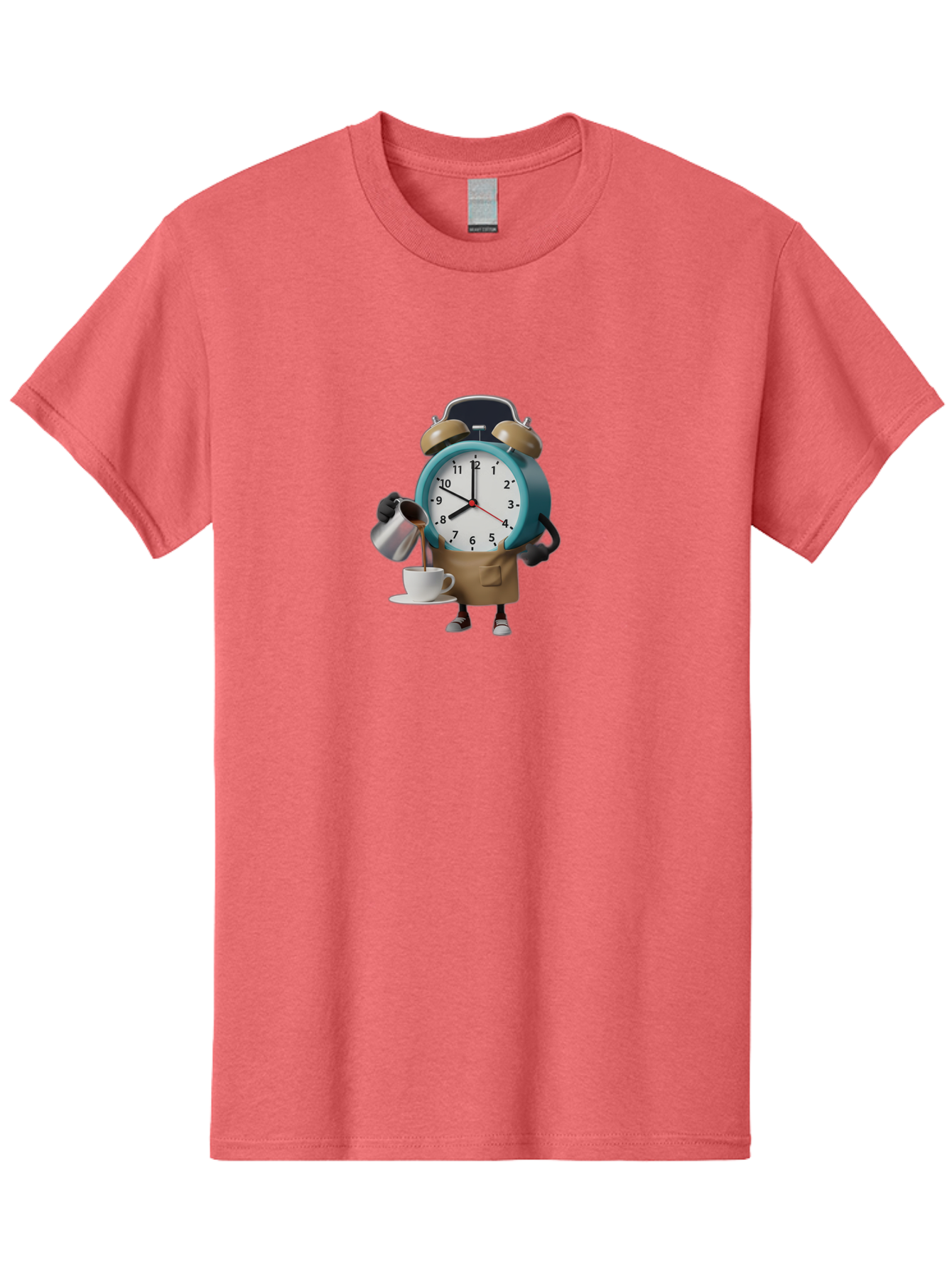 Alarm-Clock-Character Men'S Graphic Tee, 100% Cotton, Comfortable Casual Summer Wear, Machine Washable, Alarm Clock Character, Morning Coffee, Daily Routine, Time Management, Coffee Break, Cartoon Style, Clock Face, Coffee Cup, Saucer, Bab617 4