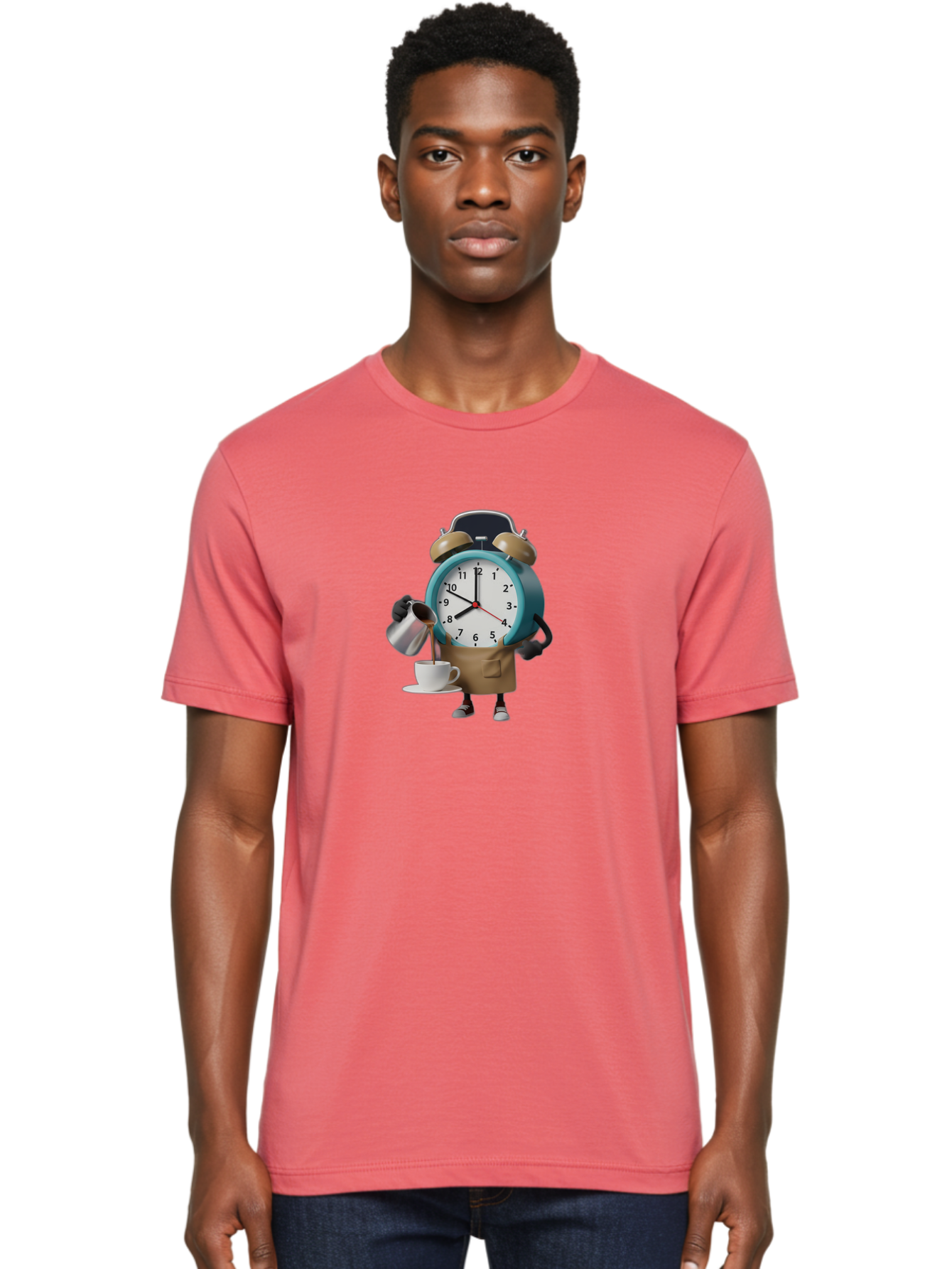 Alarm-Clock-Character Men'S Graphic Tee, 100% Cotton, Comfortable Casual Summer Wear, Machine Washable, Alarm Clock Character, Morning Coffee, Daily Routine, Time Management, Coffee Break, Cartoon Style, Clock Face, Coffee Cup, Saucer, Bab617 19