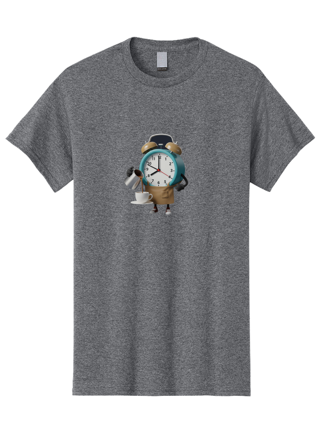Alarm-Clock-Character Men'S Graphic Tee, 100% Cotton, Comfortable Casual Summer Wear, Machine Washable, Alarm Clock Character, Morning Coffee, Daily Routine, Time Management, Coffee Break, Cartoon Style, Clock Face, Coffee Cup, Saucer, Bab617 8