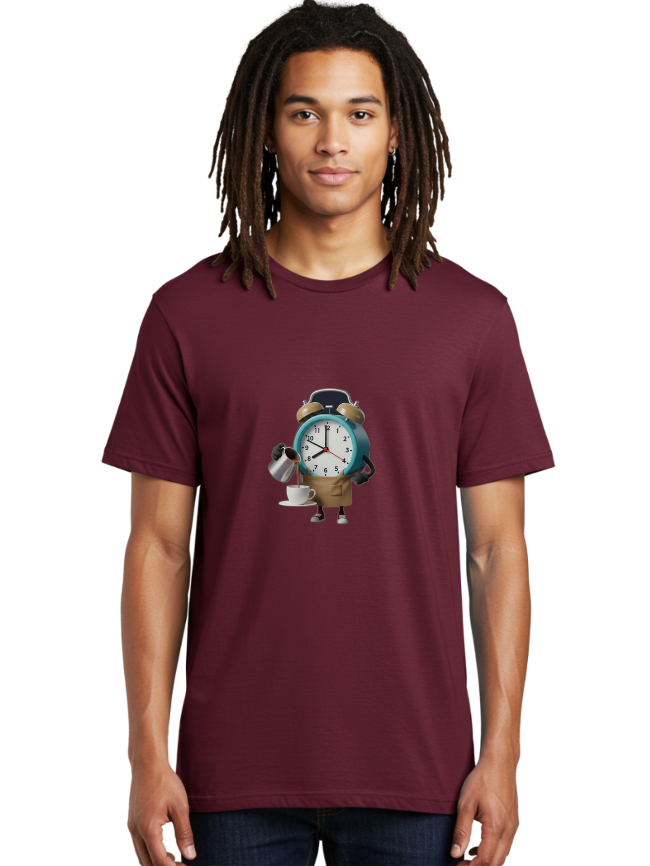 Alarm-Clock-Character Men'S Graphic Tee, 100% Cotton, Comfortable Casual Summer Wear, Machine Washable, Alarm Clock Character, Morning Coffee, Daily Routine, Time Management, Coffee Break, Cartoon Style, Clock Face, Coffee Cup, Saucer, Bab617 18