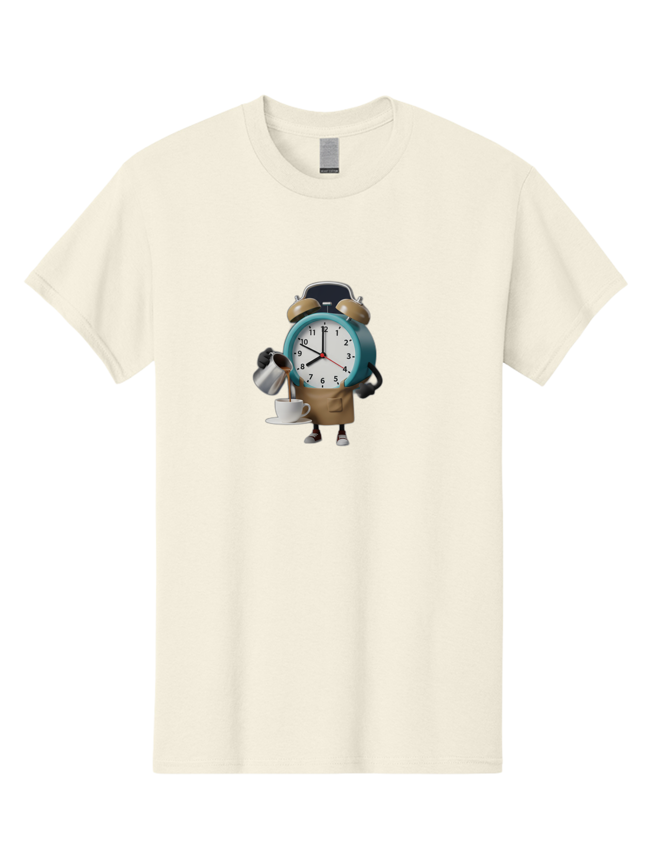 Alarm-Clock-Character Men'S Graphic Tee, 100% Cotton, Comfortable Casual Summer Wear, Machine Washable, Alarm Clock Character, Morning Coffee, Daily Routine, Time Management, Coffee Break, Cartoon Style, Clock Face, Coffee Cup, Saucer, Bab617 5