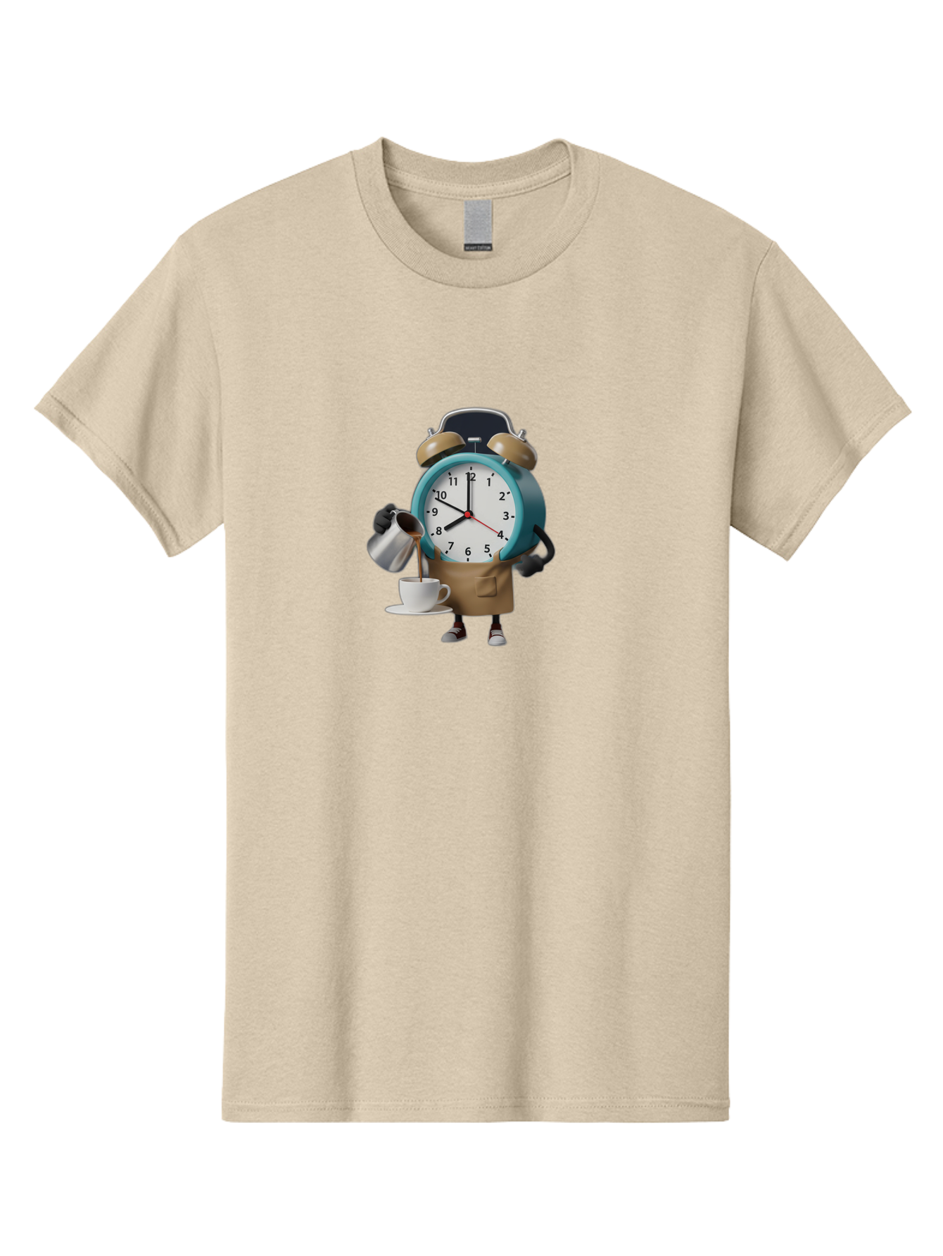 Alarm-Clock-Character Men'S Graphic Tee, 100% Cotton, Comfortable Casual Summer Wear, Machine Washable, Alarm Clock Character, Morning Coffee, Daily Routine, Time Management, Coffee Break, Cartoon Style, Clock Face, Coffee Cup, Saucer, Bab617 12