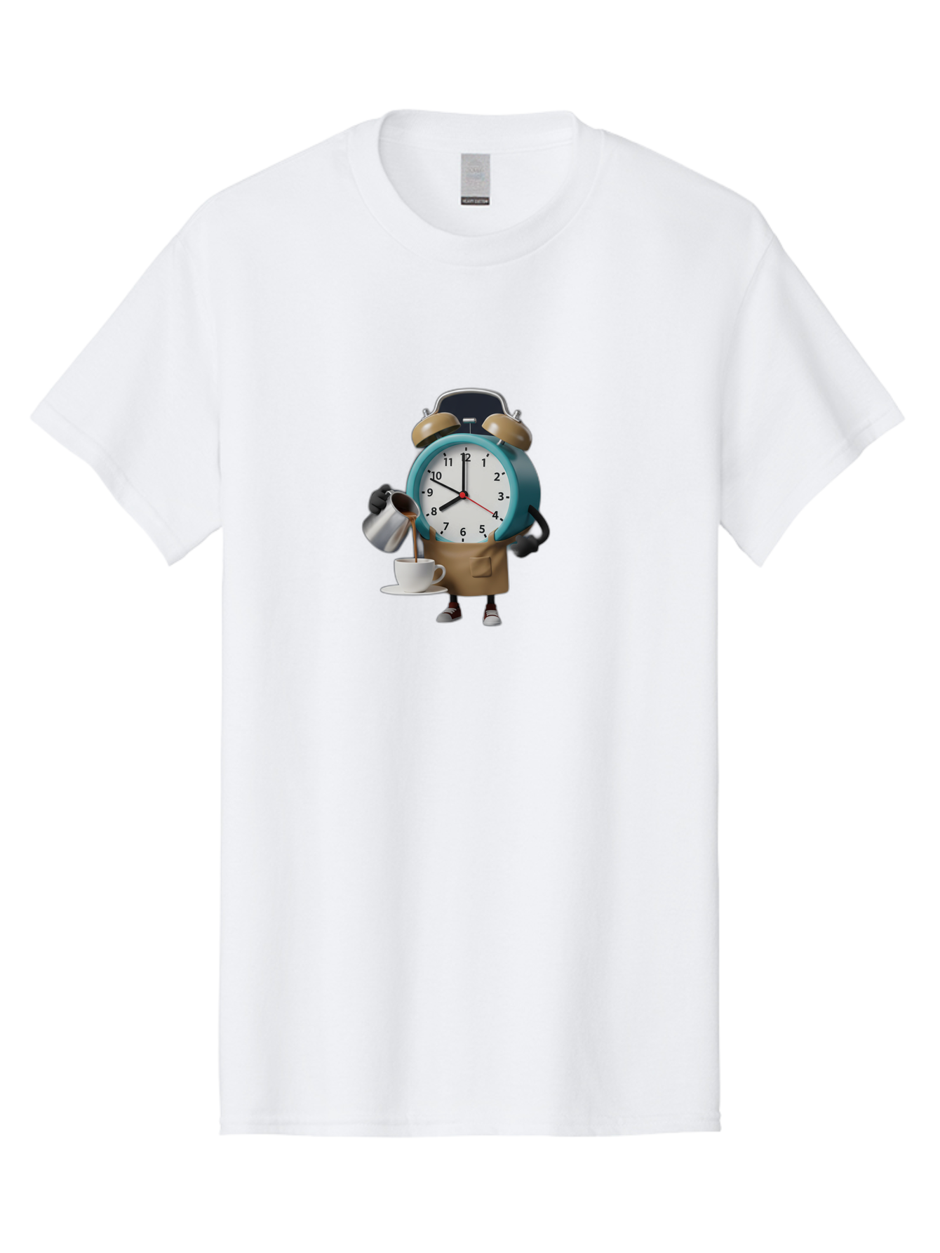 Alarm-Clock-Character Men'S Graphic Tee, 100% Cotton, Comfortable Casual Summer Wear, Machine Washable, Alarm Clock Character, Morning Coffee, Daily Routine, Time Management, Coffee Break, Cartoon Style, Clock Face, Coffee Cup, Saucer, Bab617 9